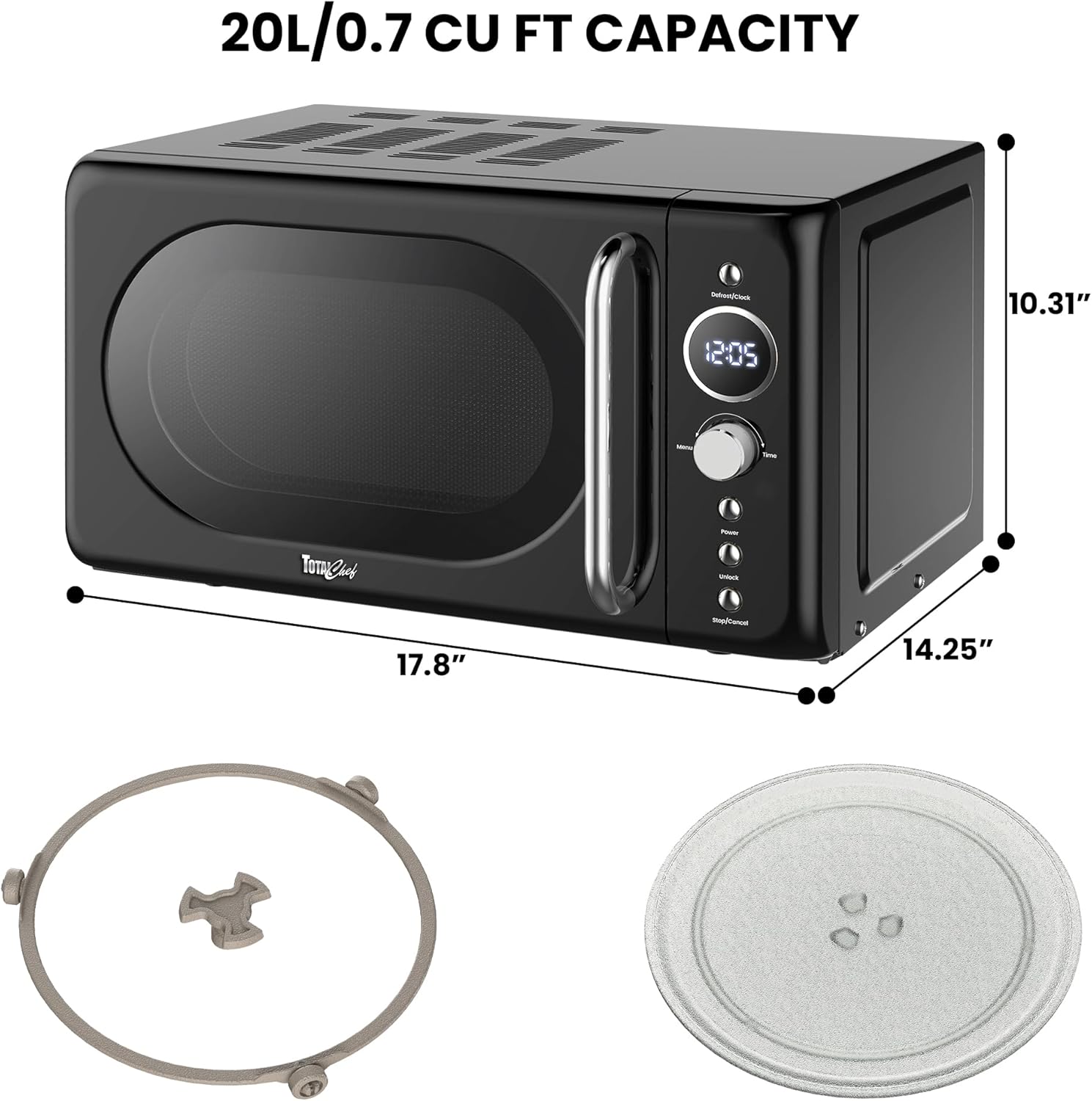 Total Chef Retro Microwave Oven | 20L / 0.7 Cu Ft | Quick Start & Defrost By Weight/Time | 8 Pre-set Cooking Modes For Coffee, Rice, Pasta, Potato, Reheat, Fish, Pizza, Popcorn | 700W | Black