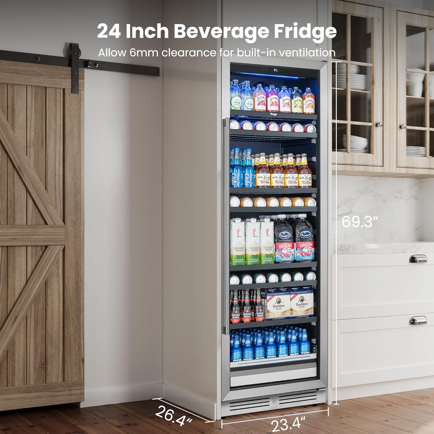 Yeego Beverage Refrigerator & Drink Fridge - 24 inch 378 Cans Beer Cooler with Glass Door, 34-54℉ Built-in or Freestanding Refrigerator with Door Lock, For Drink Soda Wine and Kitchen, Bar or Office