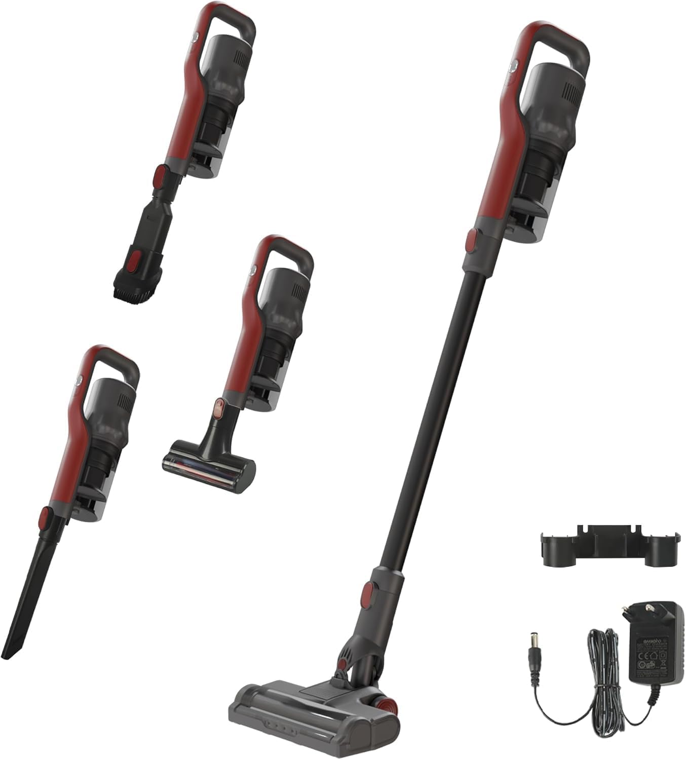 Günter&Hauer Cordless Vacuum Cleaner, 45KPa Stick Vacuum with Powerful Suction, 40Mins Runtime, Rechargeable 4-in-1 Handheld Vacuum Cleaner with Wall Mount Charging,for Home,Carpet,Pet Hair(Black,Red)