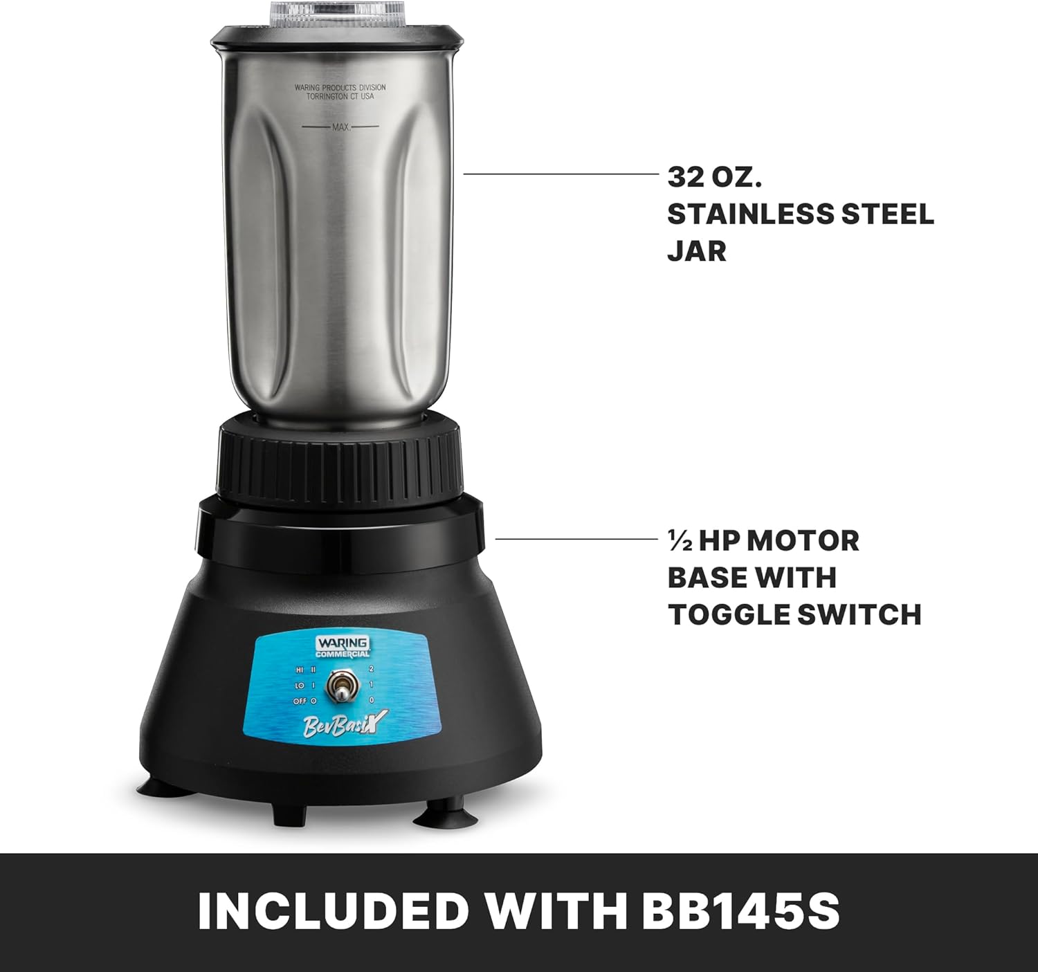 Waring Commercial 1/2 HP Bar Blender 2-Speed with 32 oz. Stainless Steel Container