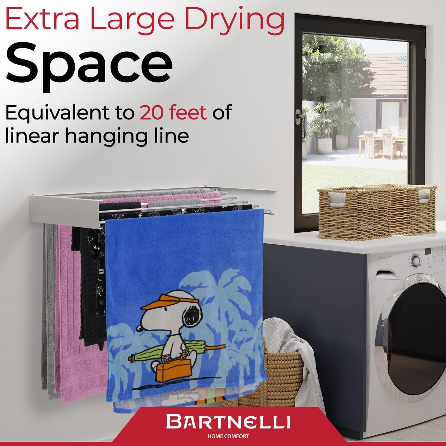 Bartnelli Wall Mounted Laundry Drying Rack for Clothes | Made in Europe with Patented Foldable Design for Maximum Space-Saving Efficiency, Collapsible Clothing Racks for Indoor and Outdoor