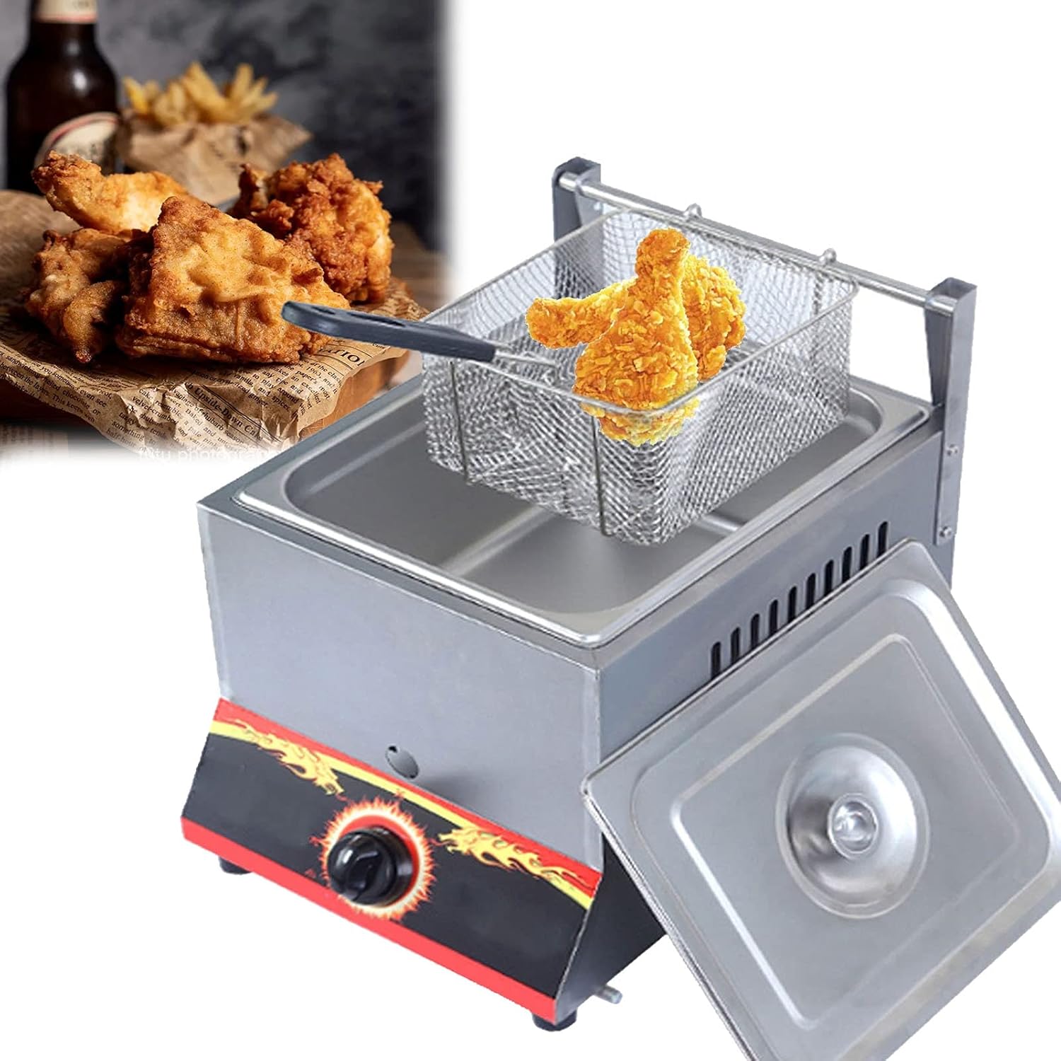 Countertop LPG Fryer, 11L/22L Large Capacity Gas Fryer, with Frying Basket and Lid, Adjustable Firepower, for Chips Donuts Fish, Thick Stainless Steel