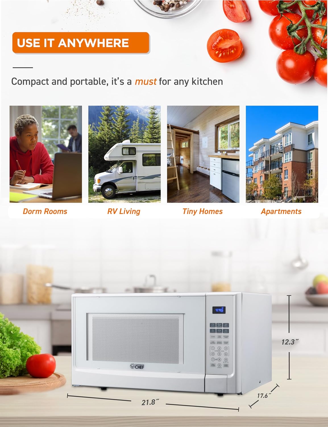 COMMERCIAL CHEF 1.4 Cubic Foot Microwave with 10 Power Levels, Small Microwave with Push Button, 1100 Watt Microwave with Digital Control Panels, Countertop Microwave with Timer, White