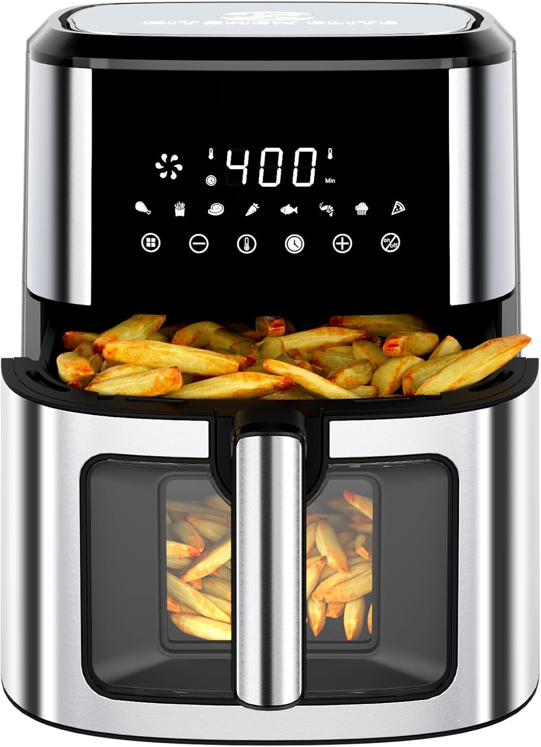 Kitchen Elite Air Fryer Stainless Steel with View Window, XL 8.5QT Large Airfryer, 8-in-1 Digital Control, 400°F Temp Controls, Nonstick Dishwasher-Safe, Space-Saving, Roast, Broil, 1500W