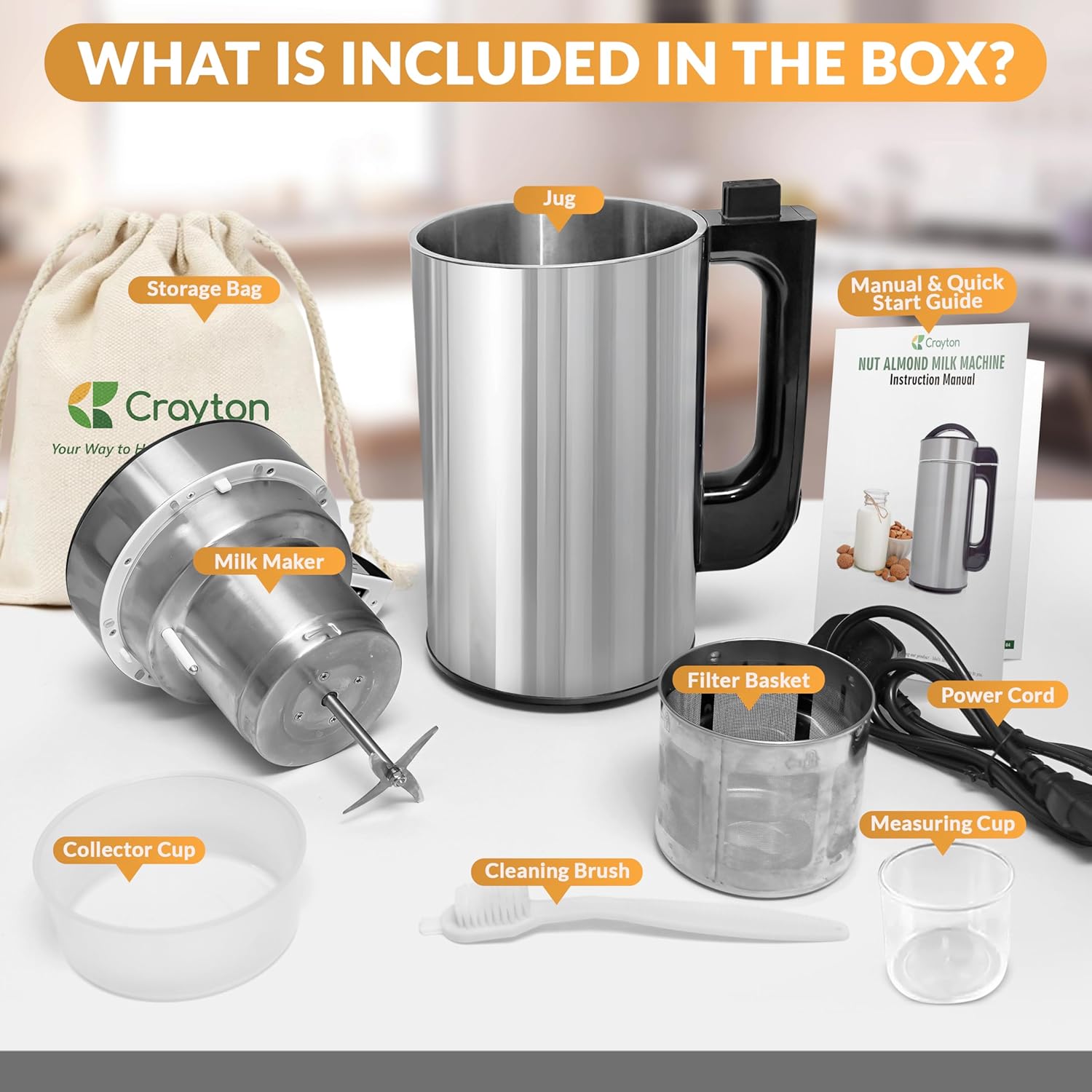 Crayton Nut Milk Maker Machine with Built-in Strainer, 51oz/ 1.5L Stainless Steel Almond Milk Maker for Soy, Almond, Oat, Cashew Nut Milks & More, 7-in-1 Multi-Functional, 6-7 Cups Per Batch, 120V