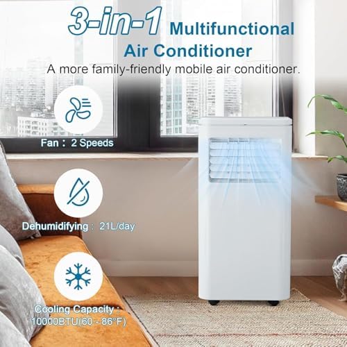 10000 BTU Portable Air Conditioner, Portable AC Unit with Cooling, Dehumidifier and Fan Functions, Cools Up to 450 Sq. Ft., Remote Control, LED Display Included
