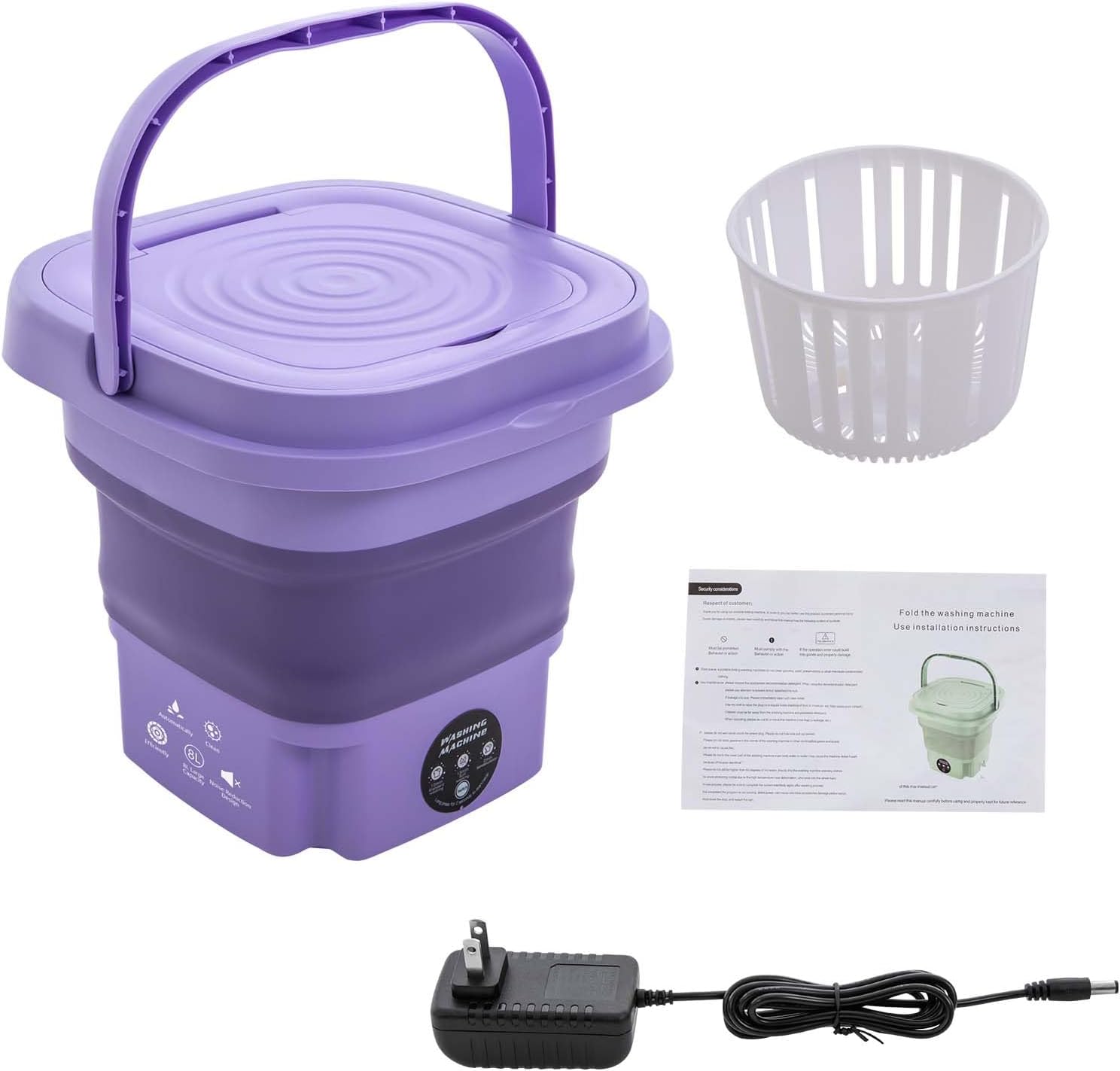 8L Portable Mini Washing Machine Foldable Washer and Spin Dryer with Drainage Basket, Electric Collapsible Washing Machine for Apartment Camping, RV, Travel (Purple)