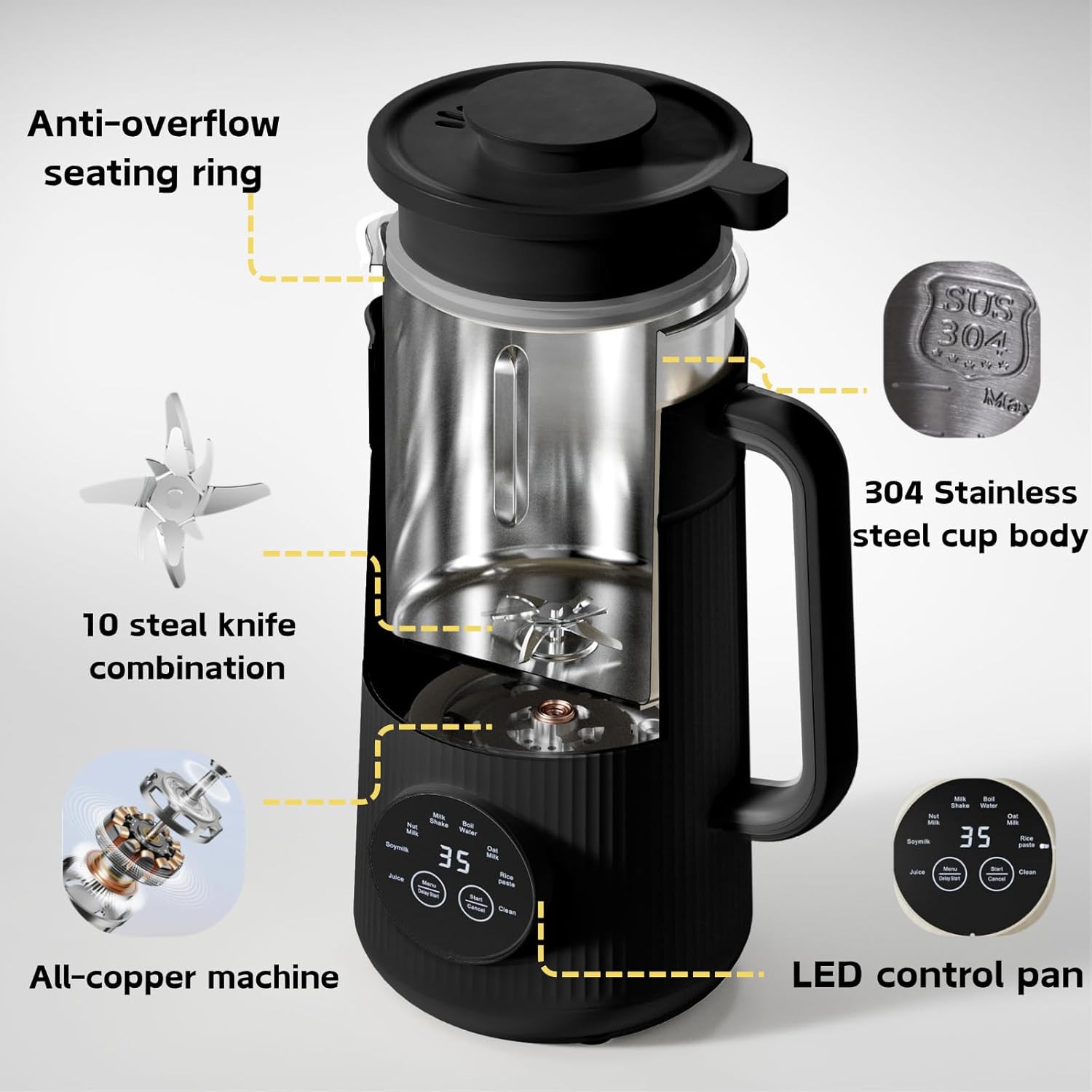 8 in 1 Nut Milk Maker Machine with 10 Blades, 35oz Automatic Soybean Milk for Homemade Almond, Oat, Soy, Plant-Based Milks Blender with Self-Cleaning, 2H Keep Warm, 12H Delay Start, Boil Water