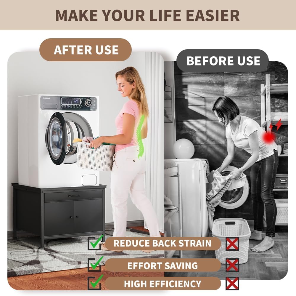 Washer and Dryer Pedestals, 29” Heavy Duty Laundry Pedestal with Storage Cabinet and Laundry Basket Shelf, Universal Washing Machine Stand, 700 LBS Capacity, Black