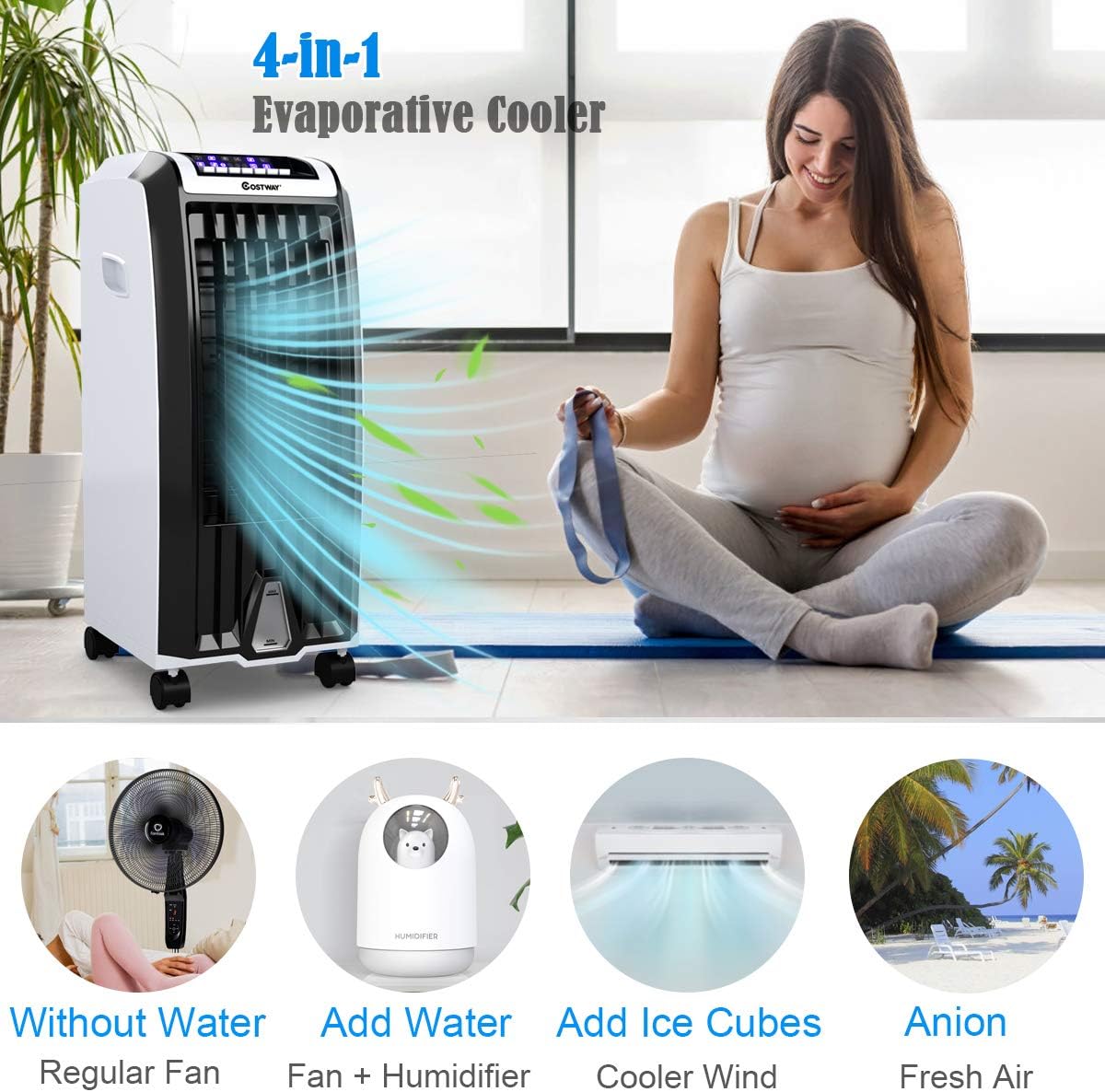 COSTWAY Evaporative Cooler, 4-in-1 Cooling, Fan, Humidifier and Anion, with 3 Wind Modes, 3 Speeds, 7.5H Timer, Portable air cooler with Remote, Built-in Handle, 4 Wheels for Home, Office