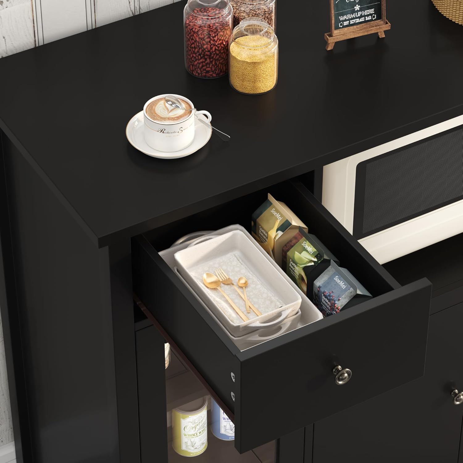 HORSTORS Microwave Cabinet, Kitchen Storage Cabinet with 3 Doors and 1 Drawer, Buffet Sideboard with Adjustable Shelves, Microwave Stand for Kitchen, Dining Room, Black