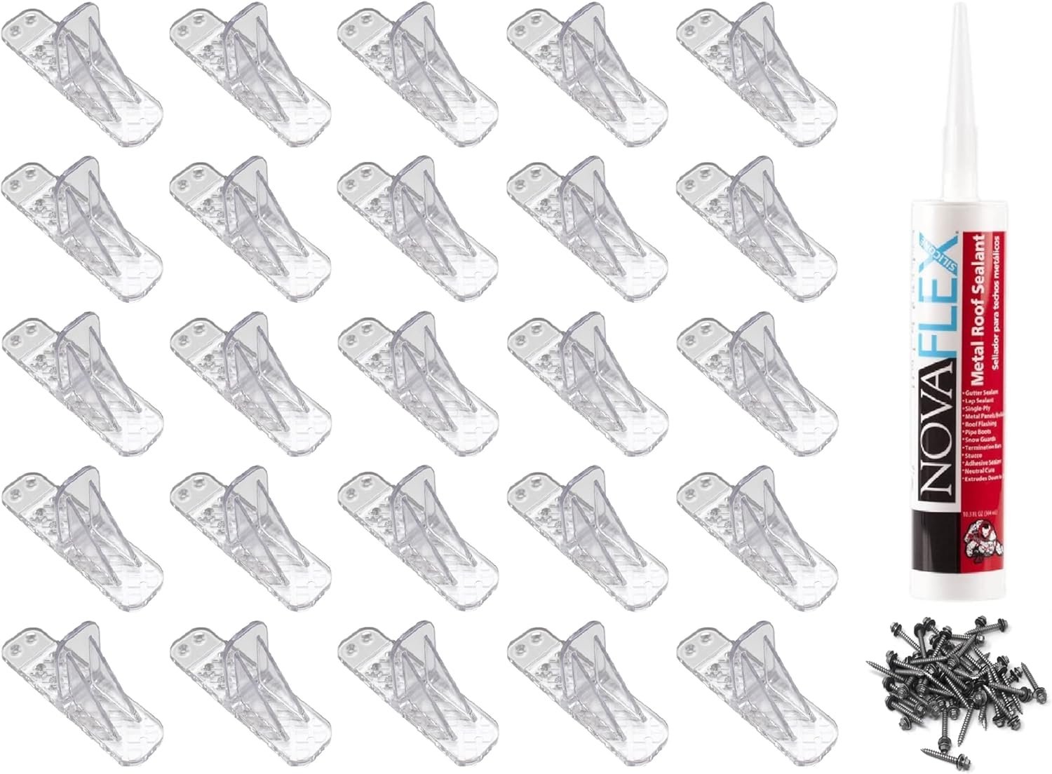 JSP Manufacturing Clear Plastic Glacier 25 Piece Mini Snow Guards with Mounting Hardware Adhesive or Mechanically Fasten for Metal Roofs (Snow Guards with Wood Screws & Sealant)