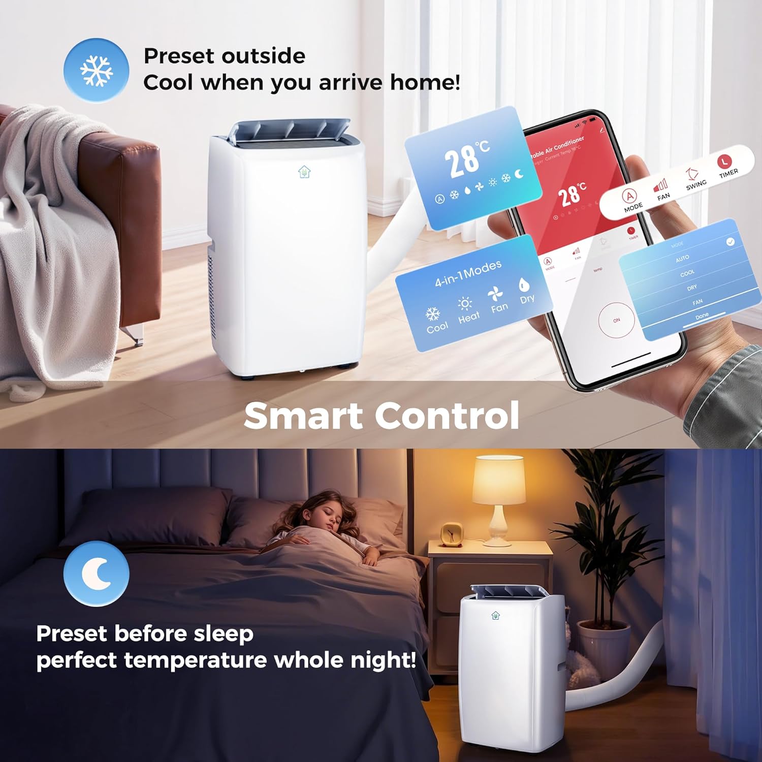 2025 Upgraded Smart Portable Air Conditioner,12,000 BTU Portable AC Unit with Built-in Cool&Heat, 4-in-1 Cooling Fan & Dehumidifier for Rooms up to 550 Sq. Ft.,Smart APP and Remote Control,3 Speed