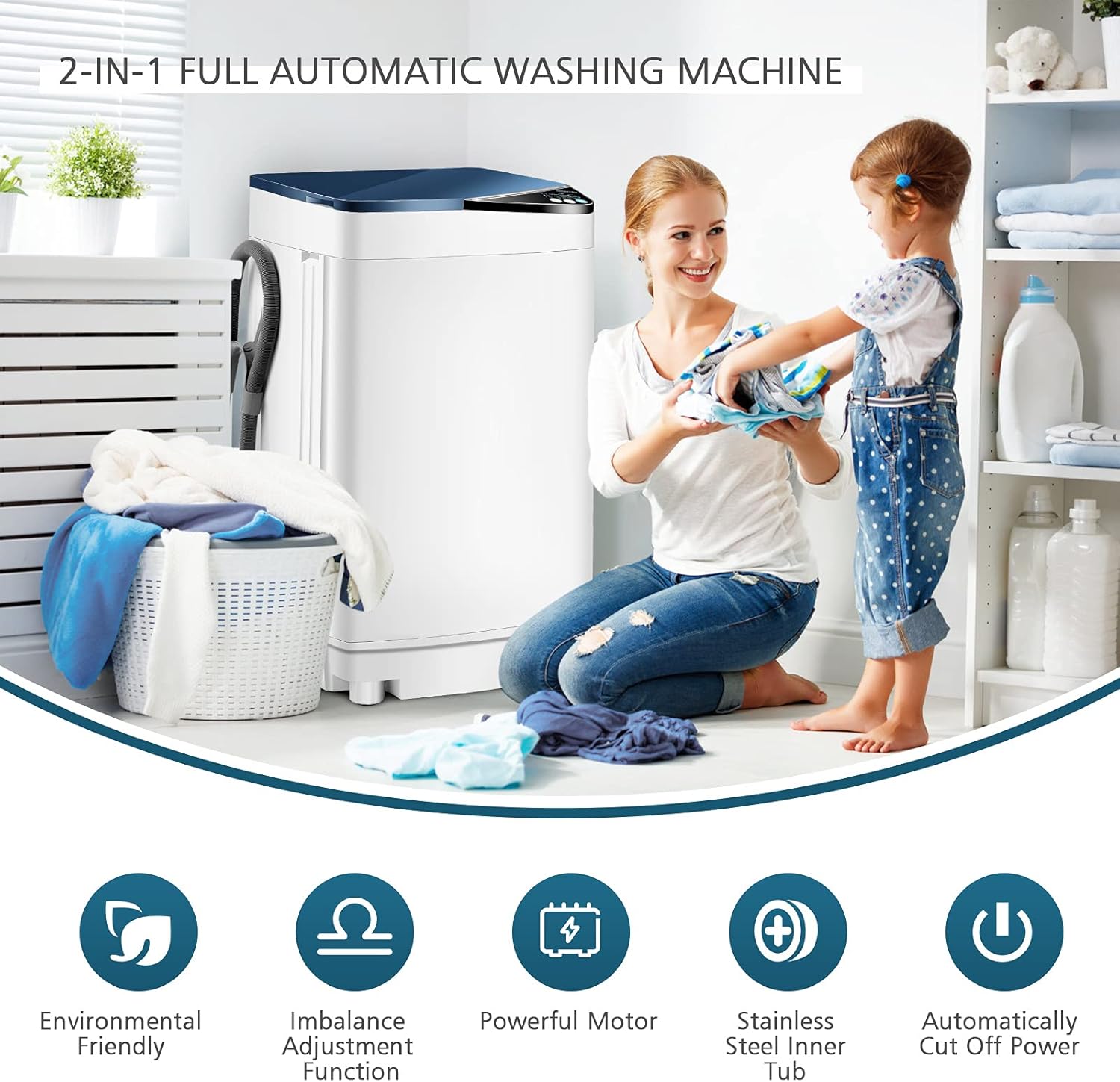 Portable Washing Machine, ARLIME Compact Mini Full-Automatic Laundry 2-In -1 Washer & Spin Dryer 7.7lbs Capacity W/Drainage Pump & Long Hose For Condo, Apartments, Dorms, RV’s Camping Living (Navy)
