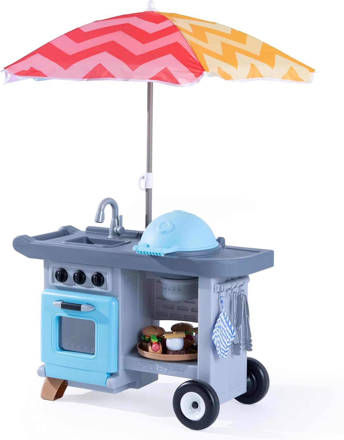 Step2 Grill & Go BBQ Cart with Lights and Sounds for Kids, Play Toy for Toddlers Ages 3+ Years Old, Durable, Easy Assembly, Blue/Gray
