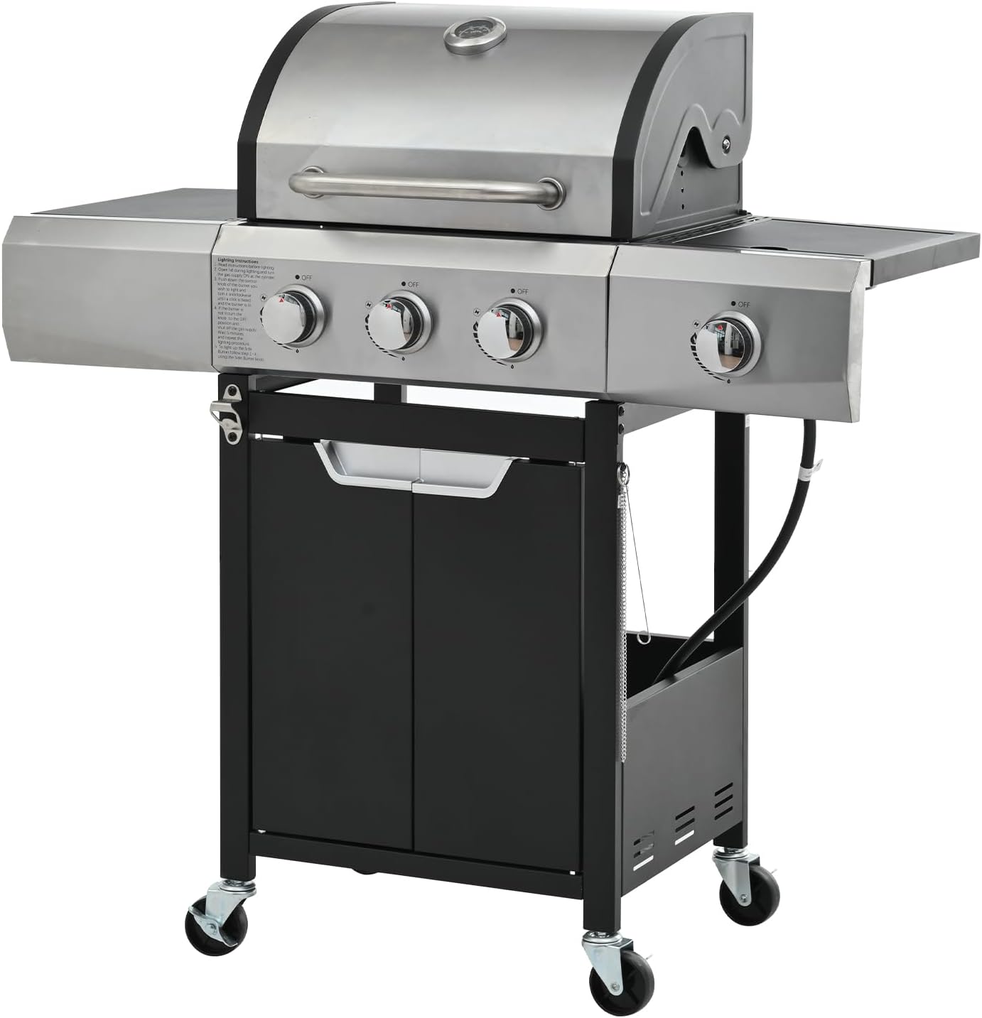 3-Burner Propane Gas Grill, 40,500 BTU, Stainless Steel lid, Patio Garden Barbecue Grill with two shelves, wheels, and bottle opener, BBQ Grill for Outdoor Cooking (3-Burner with Side Burner)