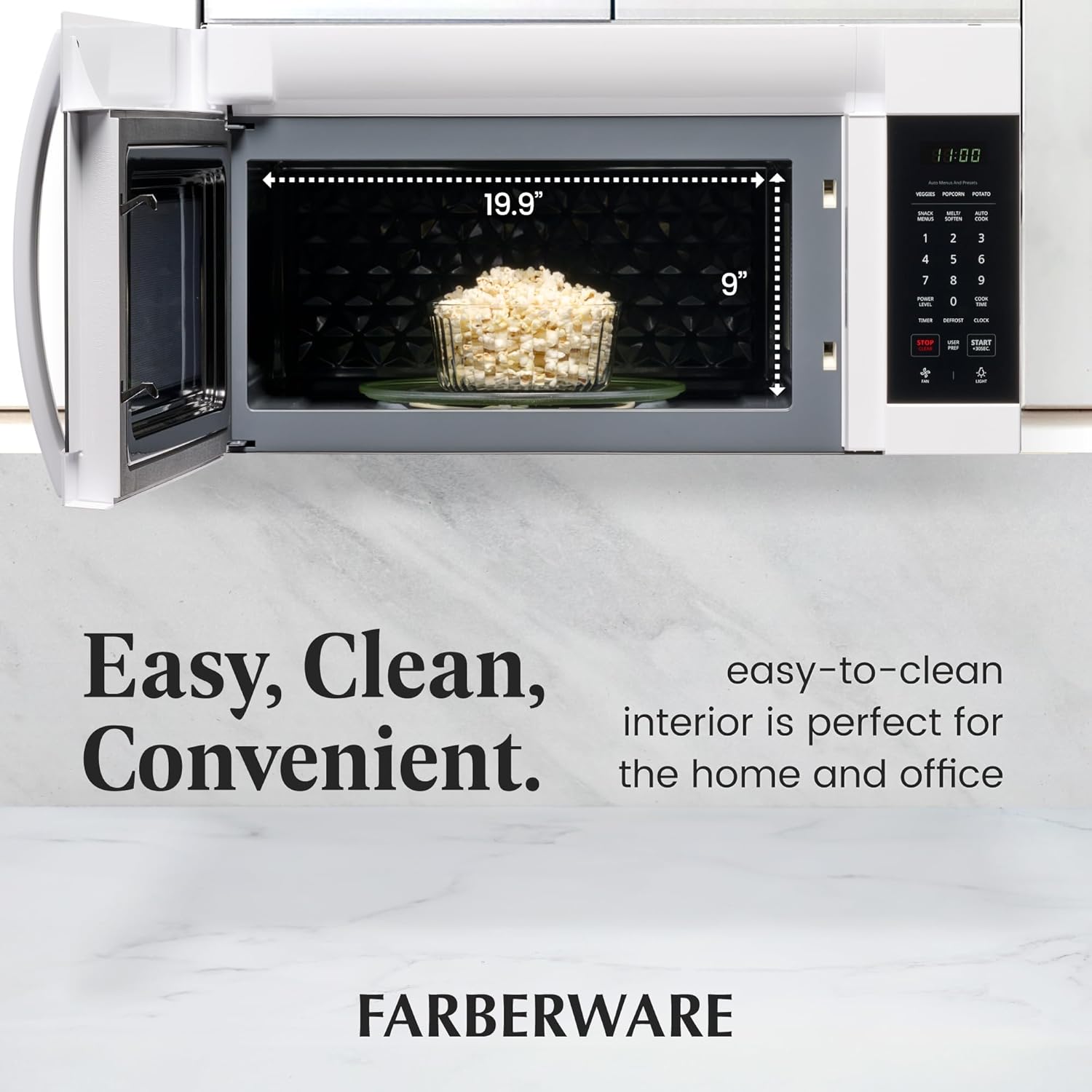 Farberware 1.7 Cu. Ft. Over-the-Range Microwave Oven – 1000 Watts Power, Auto Cook Settings, Defrost, Easy Clean and Child Safety Lock - White