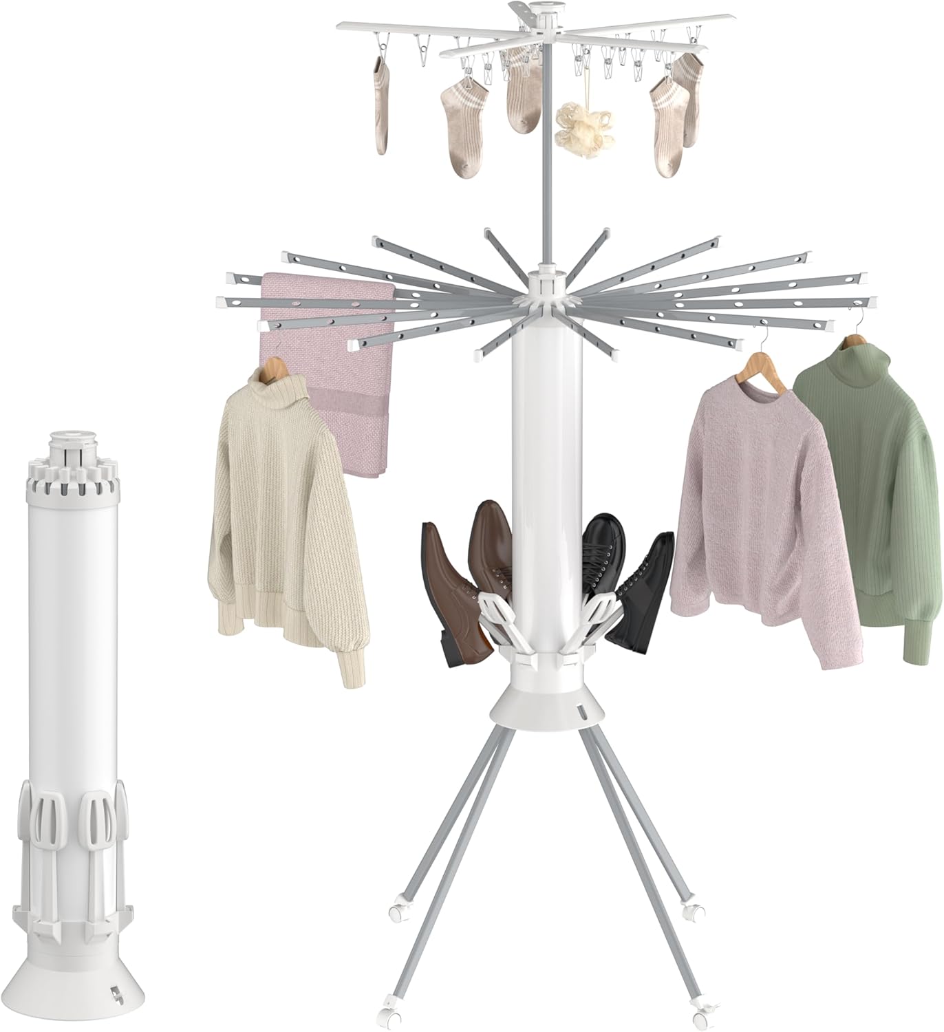 Clothes Drying Rack Foldable, 4-Legged Drying Rack Clothing with 20 Clips, Shoe Dryer Rack, Laundry Drying Racks with 4 Pulleys & Anti-Slip Holes, Portable Hanging Dry Rack for Clothes, Socks, Shoes
