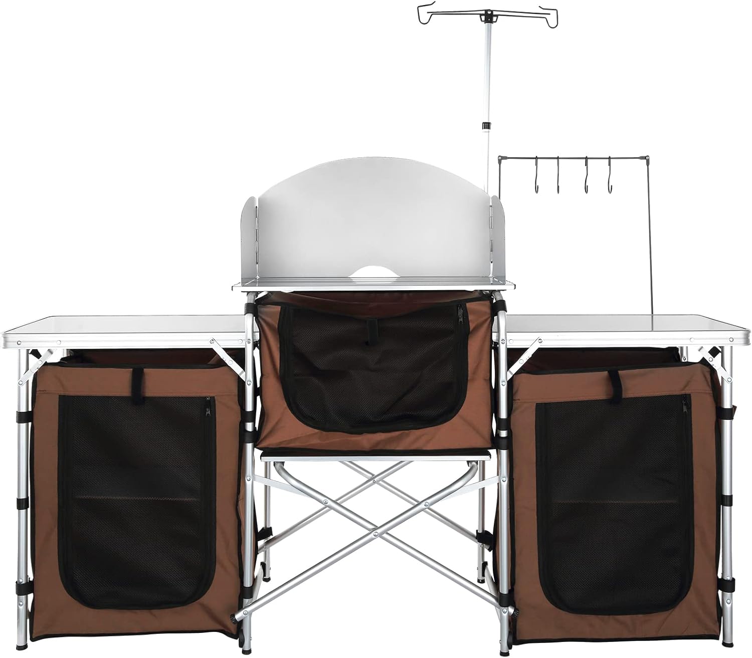 Happybuy Camping Kitchen Table, Folding Outdoor Cooking Station with Storage Bag, Aluminum Cook Table with 3 Cupboards & Detachable Windscreen, Quick Setup for Picnics, BBQs, RV Travel, Brown