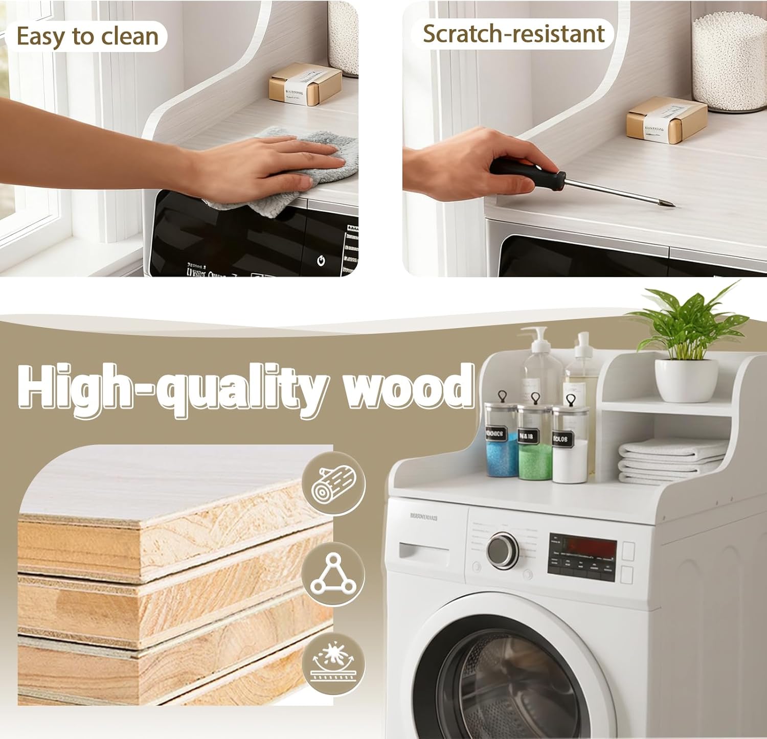 Washer Dryer Countertop, Wooden Laundry Counter, with Edge Rails for Laundry Room Storage and Organization