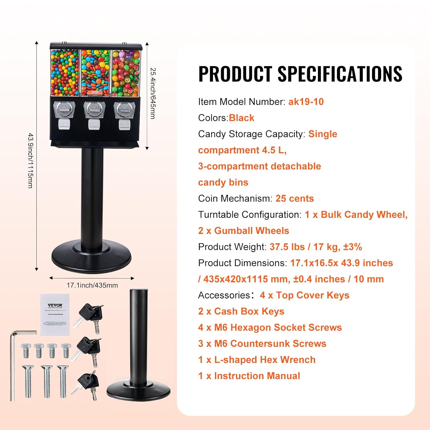 VEVOR Commercial Vending Machine, Triple Compartment Candy Dispenser with Iron Stand, Gumball and Candy Machine for Business, Coin Operated Gumball Bank for Toy Capsules Bouncy Balls Candy Nut, Black