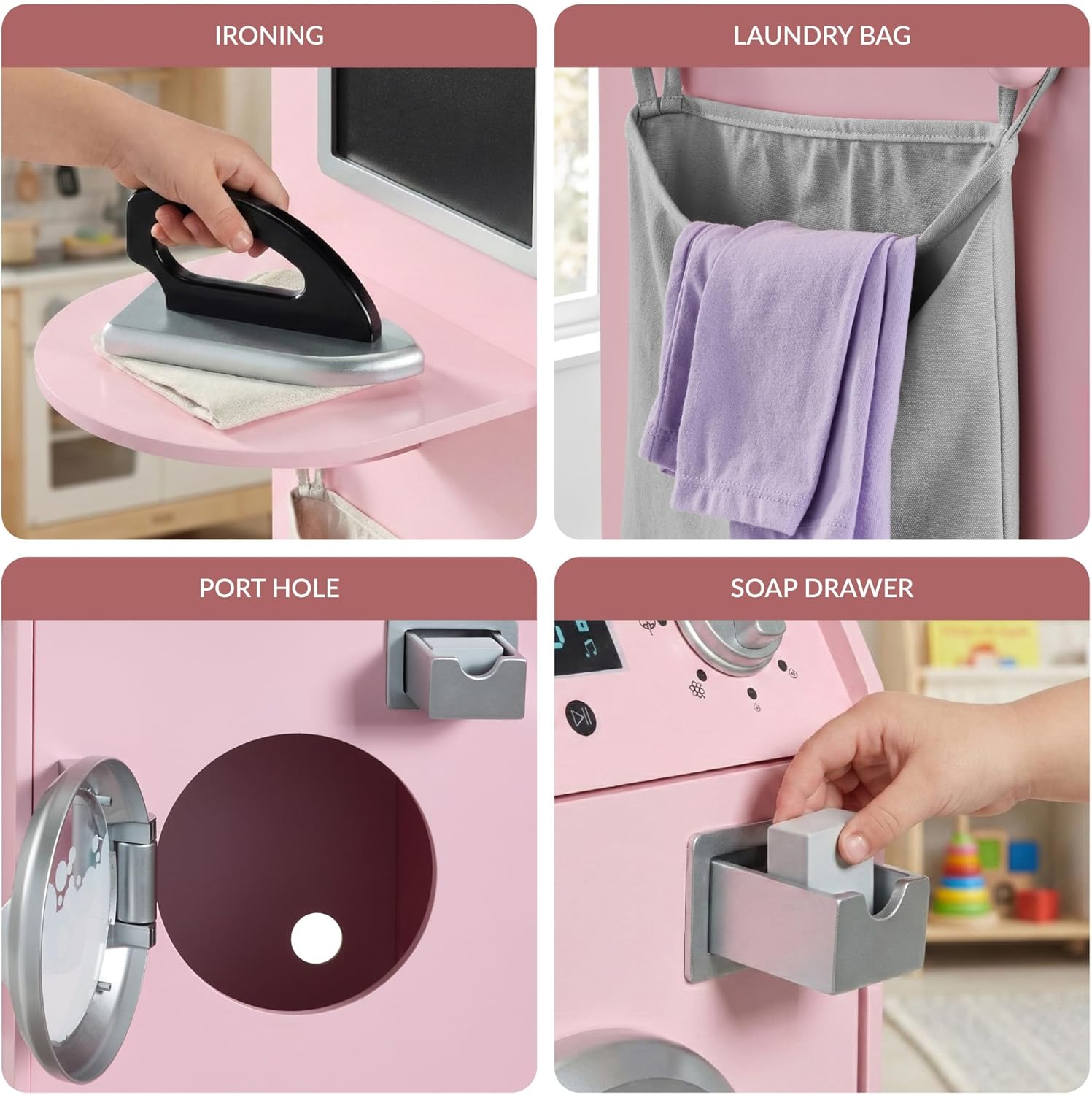 Best Choice Products Pretend Play Kids Wooden Stacked Washer & Dryer Set with Toy Laundry Storage, Space-Saving Design, with Accessories - Pink