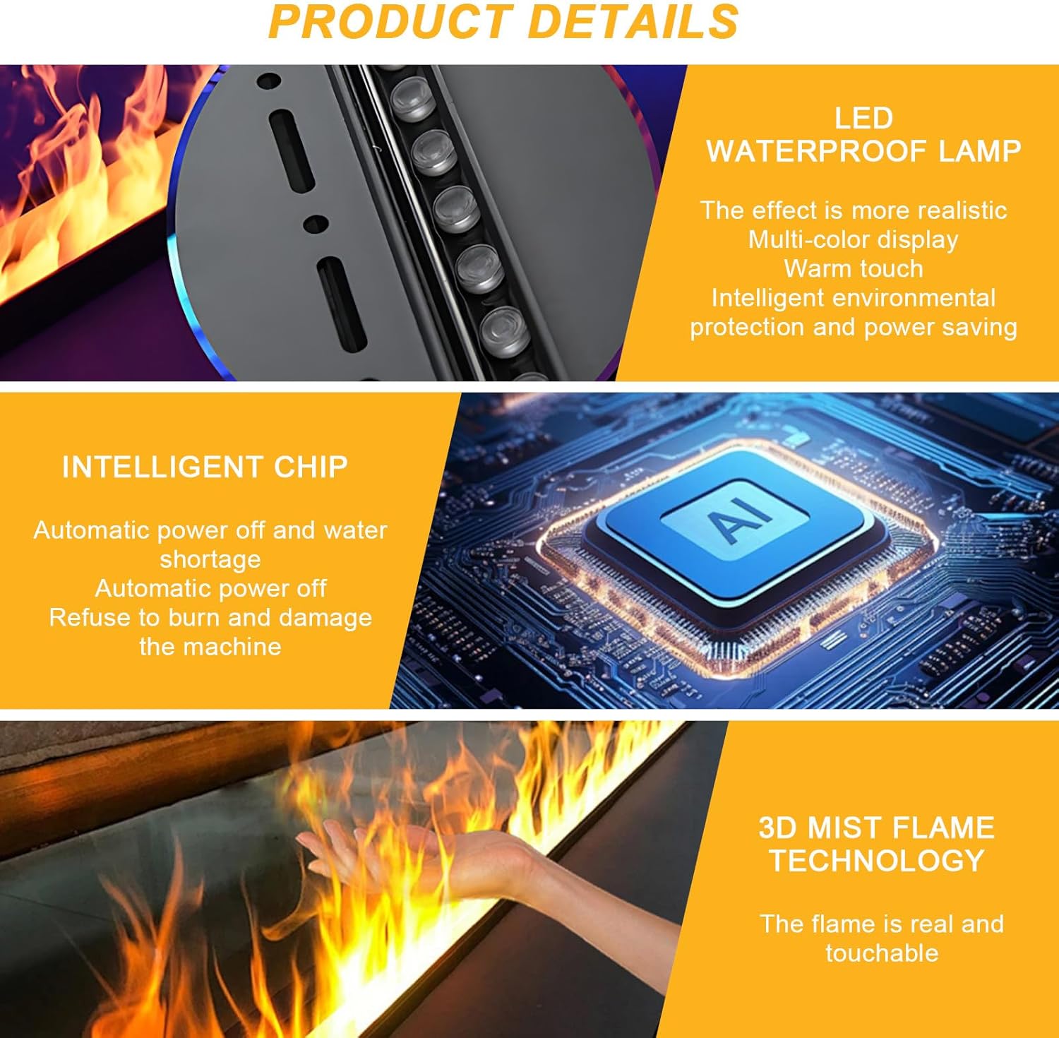 Chimenea eléctrica de Vapor empotrada, 9 Colores, 3D Llama atomizada realista, llenado/drenaje automático, Panel Selfcolour 500mm,Multicolor-Panel1000mm(39.37in)