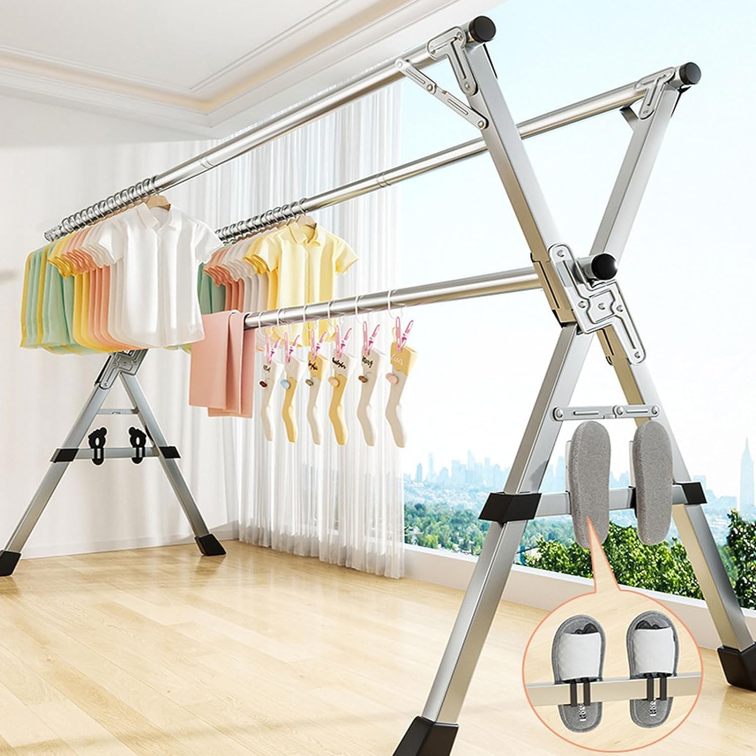 Laundry Rack Clothes Airer Folding Adjustable Laundry Rack Stainless Steel Garment Rack with 4 Universal Wheel Clothing Drying Rack Clothes Dryer Rack