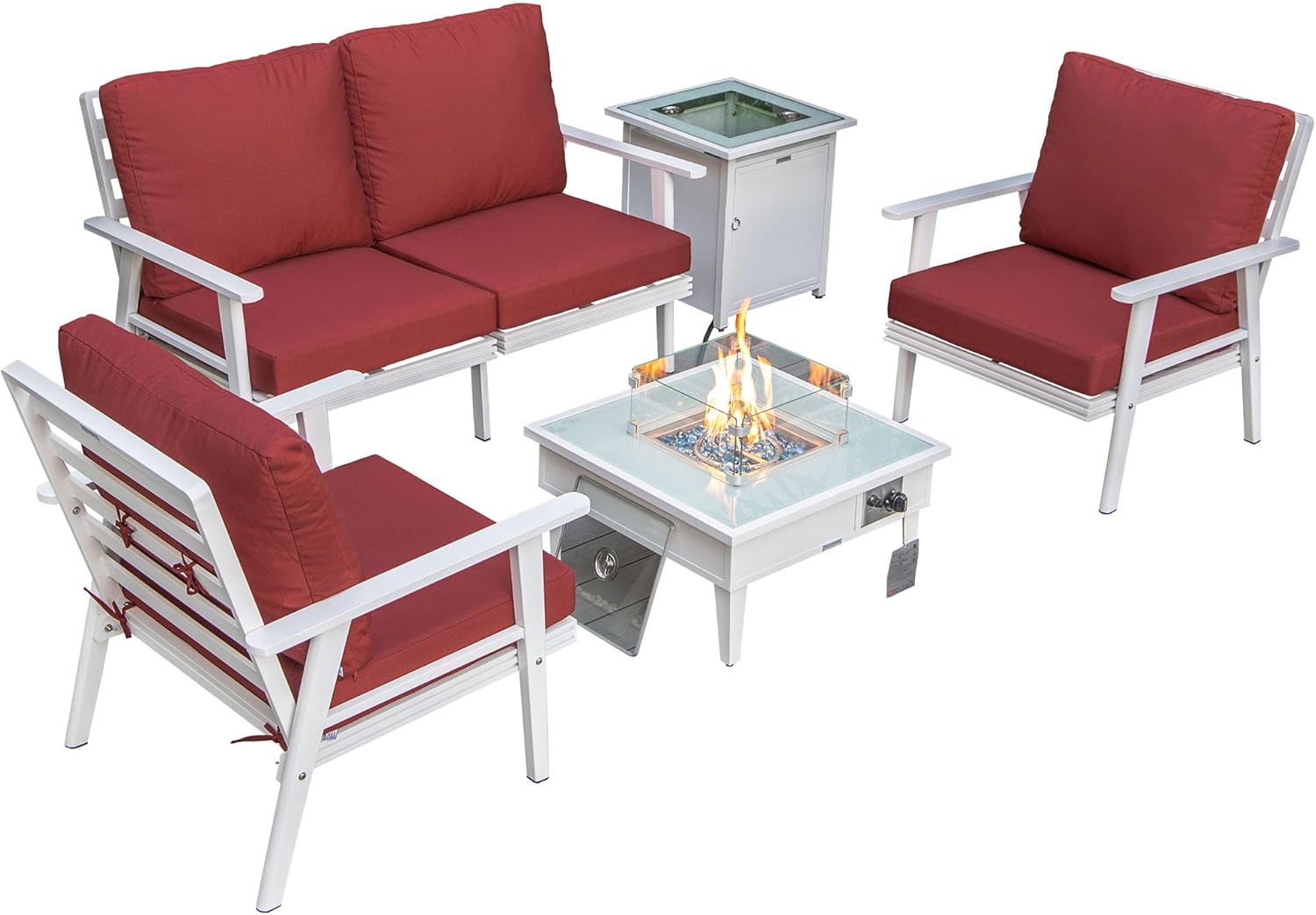 LeisureMod Walbrooke Modern Aluminum 5-Piece Patio Conversation Set with Outdoor Square Fire Pit Side Table Tank Holder, Red