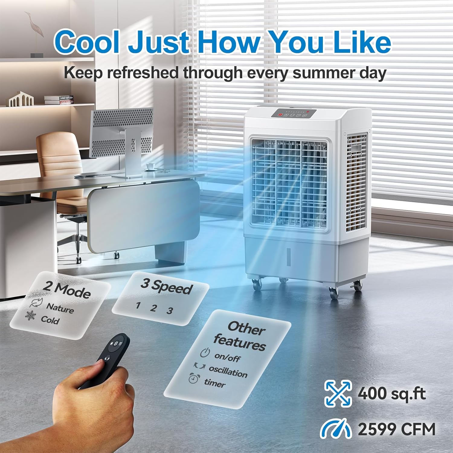 Windowless Swamp Cooler, 3 in 1 Evaporative Portable Air Conditioner with Remote, Large Cooling Fan Ac Unit,3 Speed, 7H Timer, 8 Gal Water Tank, 4 Ice Box for Garage, Patio, Bedroom Home Outdoor