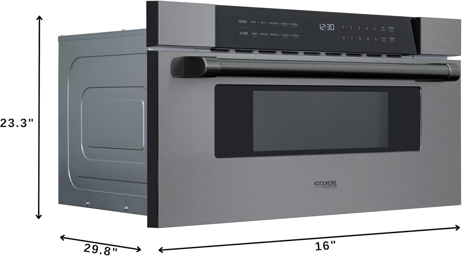 KoolMore Reserve 30 in. 1.2 cu. ft. Microwave Drawer with 10 Power Levels, Sensor Cooking, Melt, Defrost, Bake, Roast, Broil, Timer, Express Cook, 1500 Watts, UL Certified in Black Stainless-Steel