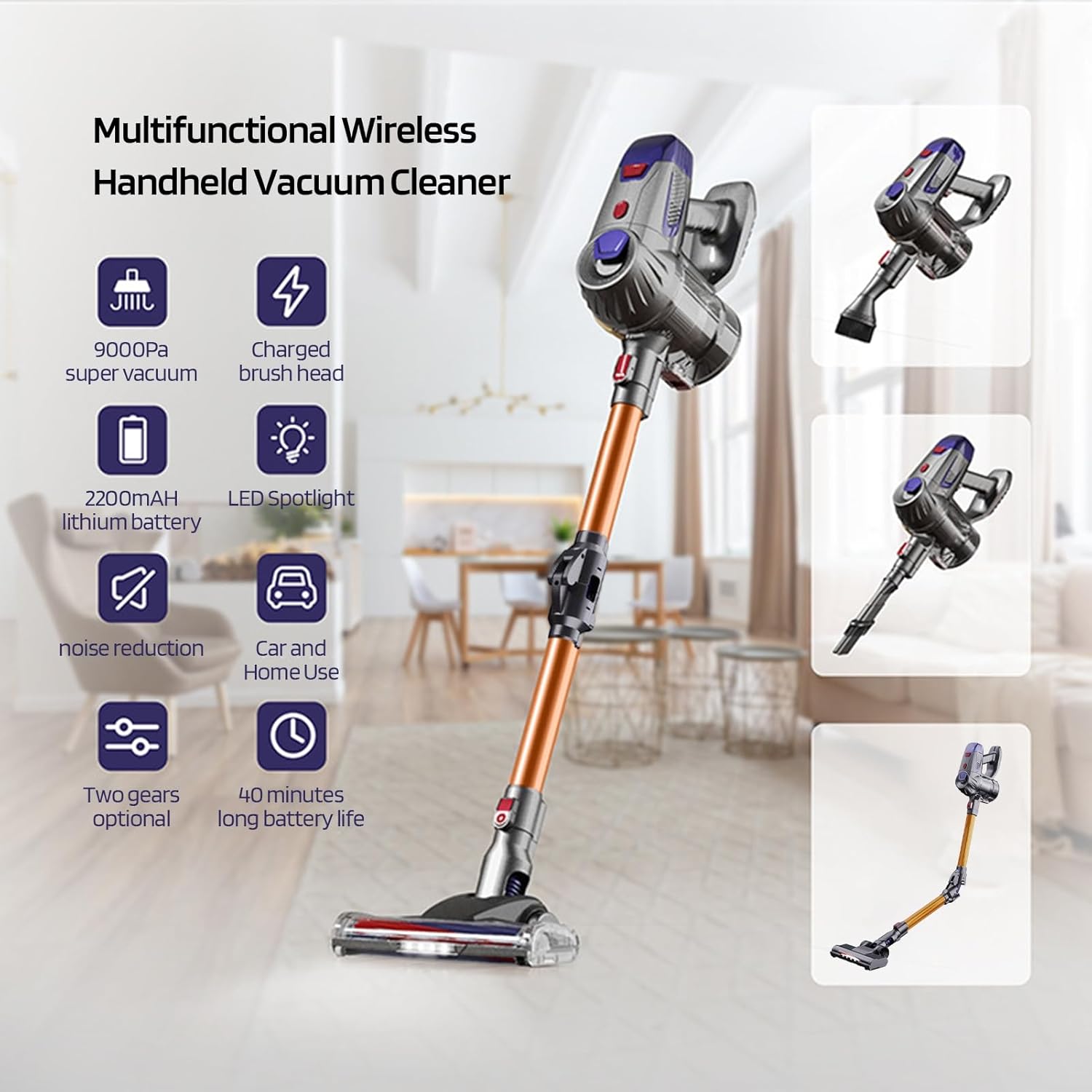 Cordless Vacuum Cleaner, 150W/10Kpa Stick Vacuum, 40min Runtime Vacuum Cleaners for Home, Anti-Tangle Wireless Versatile Vacuum for Carpet, Hard Floor, Pet Hair US
