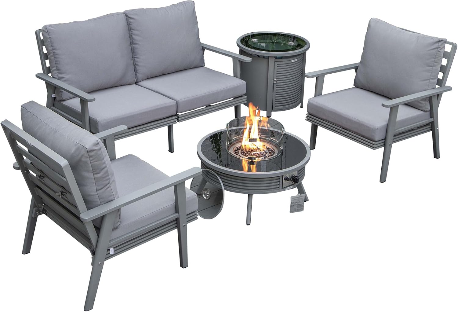LeisureMod Walbrooke Modern Aluminum 5-Piece Patio Conversation Set with Outdoor Round Fire Pit Slats Design & Side Table Tank Holder, Grey