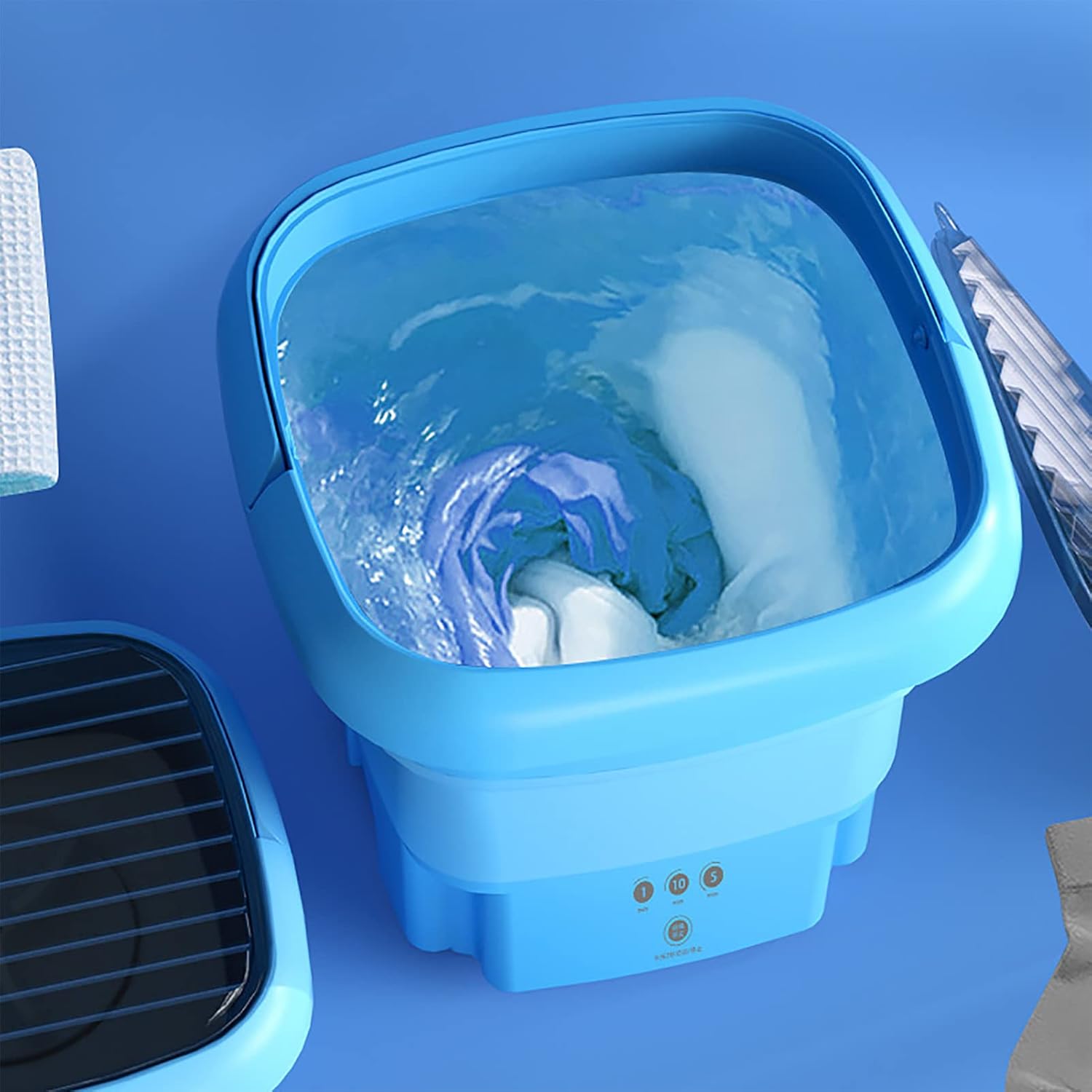 Portable Washing Machine, Mini Folding Bucket Washer with Drain Hose and Dewatering Drying Function for Socks/Underwear/Baby/Clothes for Apartment/Camping/RV/Traveling (110V 240V)(Blue)