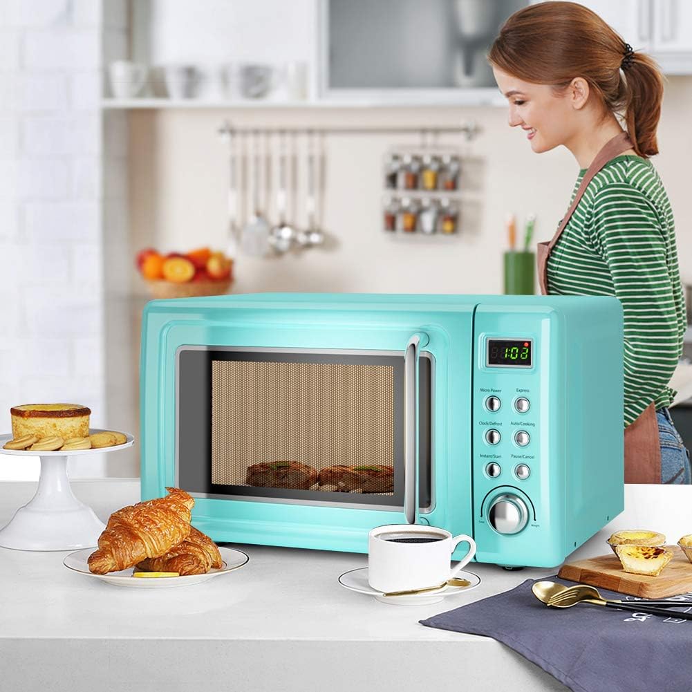 Retro Microwave Oven,Safeplus 0.7Cu.ft, Countertop 700W Microwaves with Cold Rolled Steel Plate 5 Micro Power Defrost & Auto Cooking Function LED Display Glass Turntable and Viewing Window Child Lock