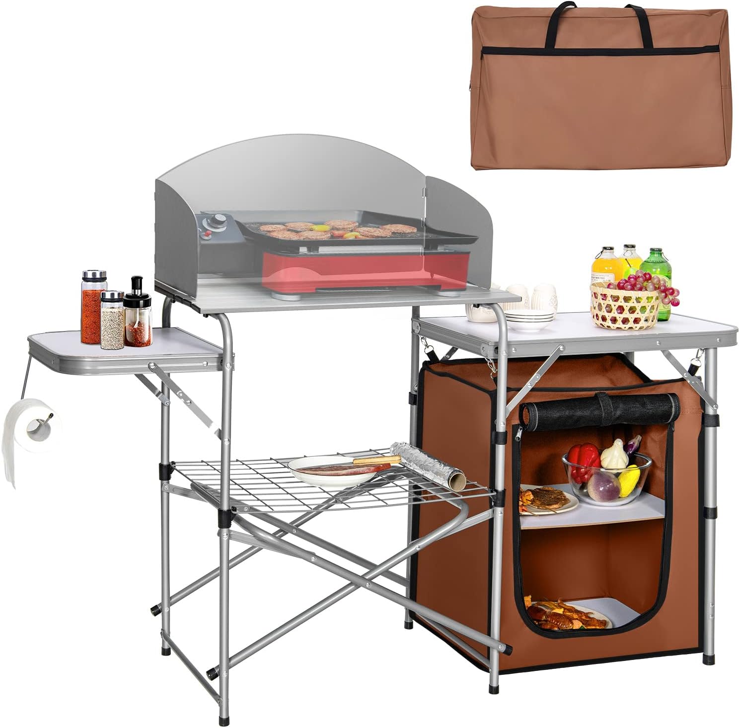 GYMAX Aluminum Portable Camping Kitchen, Folding Cooking Table with 26