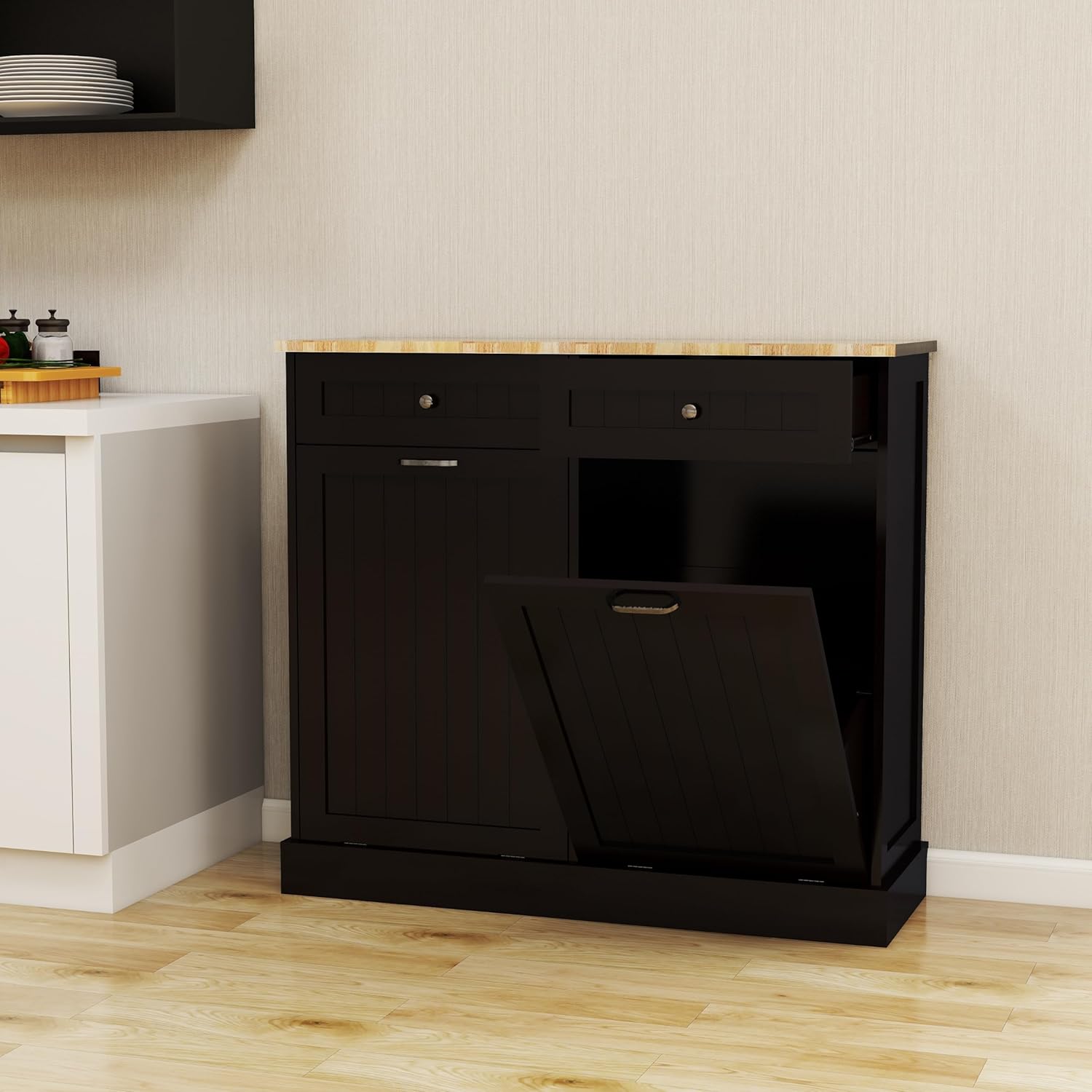 Two Drawers&Compartment Tilt-Out Trash Cabinet, Black Kitchen Trash Cabinet-Ideal for Kitchen Island Extension, Laundry Room Storage, Recycling, Holding Small Appliances