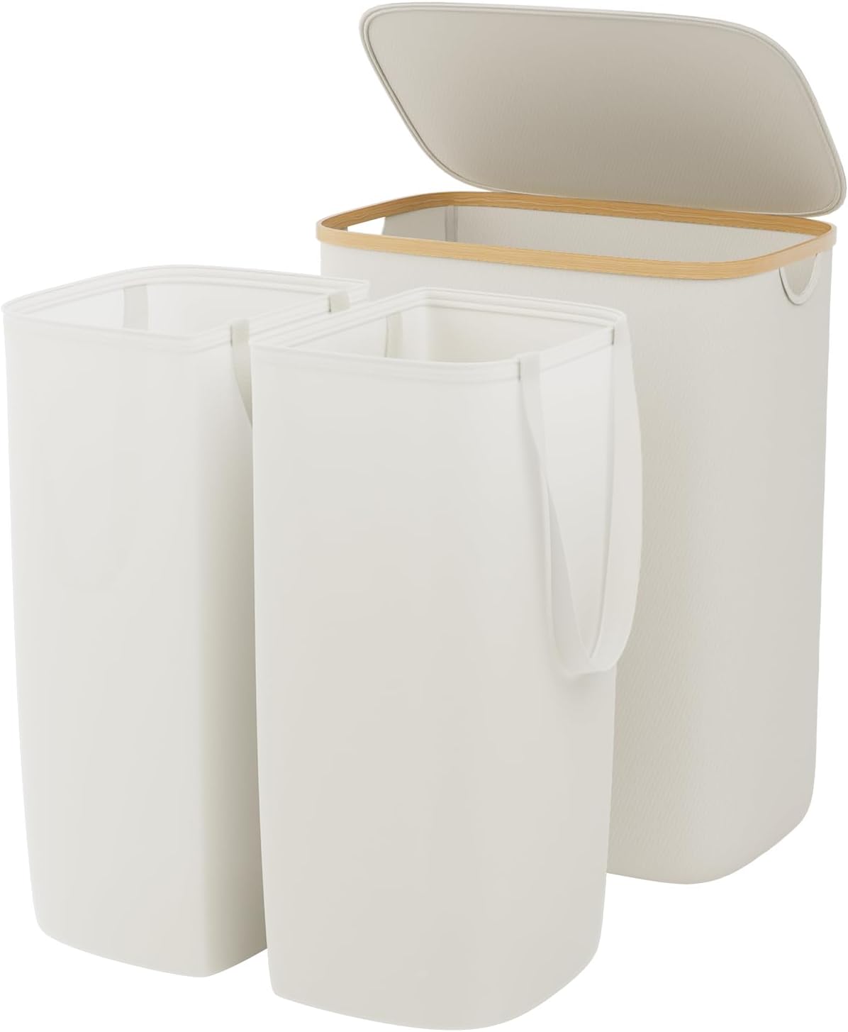 GARPROVM Double Laundry Hamper with Lid 150L Large Laundry Basket with Bamboo Handles Foldable Clothes Hampers with 2 Removable Liner Bags for Laundry for Bedroom Bathroom Dorm Laundry Room (Beige)