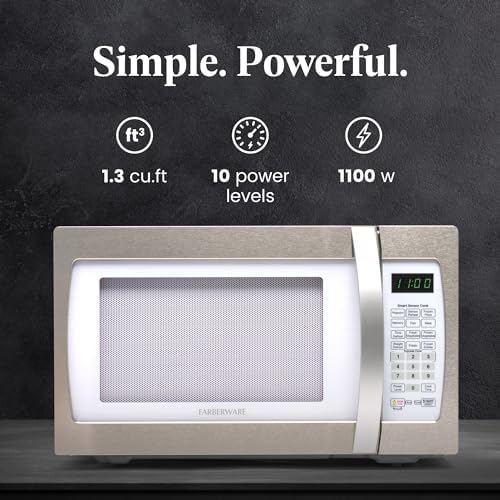 Farberware 1.3 Cu. Ft. Countertop Microwave Oven – 1100 Watts Power, Smart Sensor Auto Cook Settings, Defrost, Easy Clean and Child Safety Lock - White Platinum