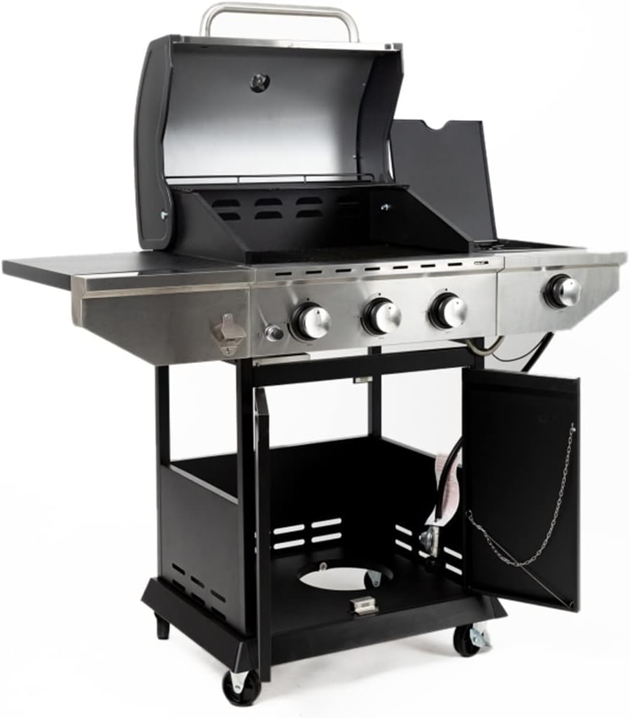 grill Propane Grill 3 Burner Barbecue Grill Stainless Steel Gas Grill with Side Burner and Thermometer for Outdoor BBQ, Camping