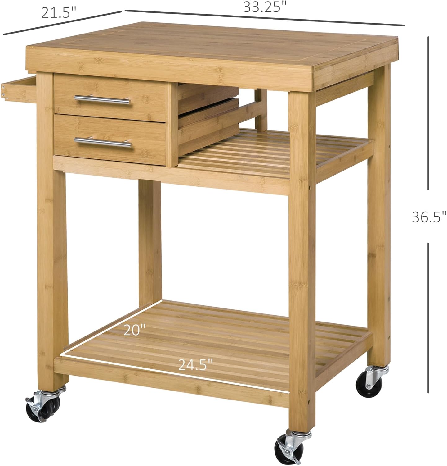 HOMCOM Bamboo Kitchen Island on Wheels, Utility Trolley Cart with 2 Storage Drawers, Butcher Block Cart with Open Shelves, Bamboo Tone
