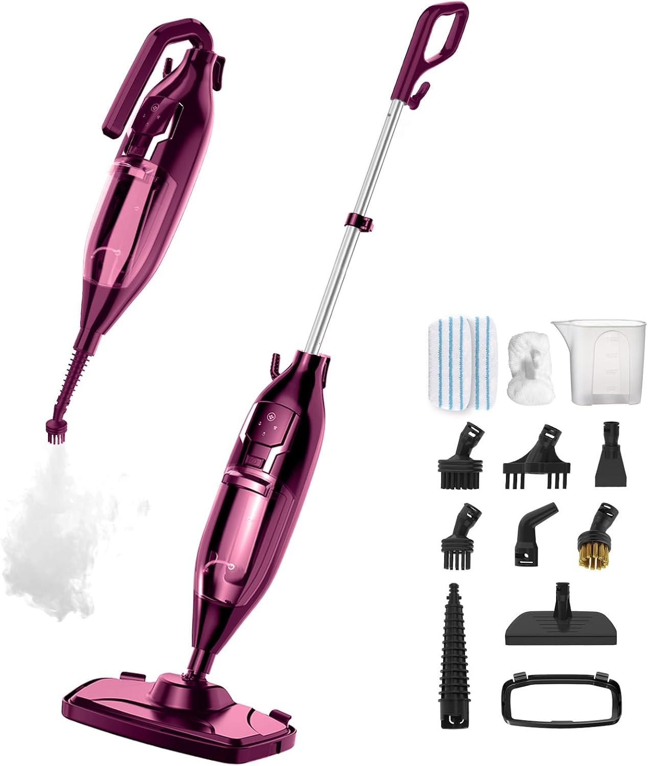 Steam Mop Cleaner- 12-in-1 MultiPurpose Detachable Handheld Steam Cleaner for Hardwood, Carpet Cleaning, Laminate Floor with 20 OZ Large Water Tank, 23FT Power Cable, Washable Microfiber Pads, Red