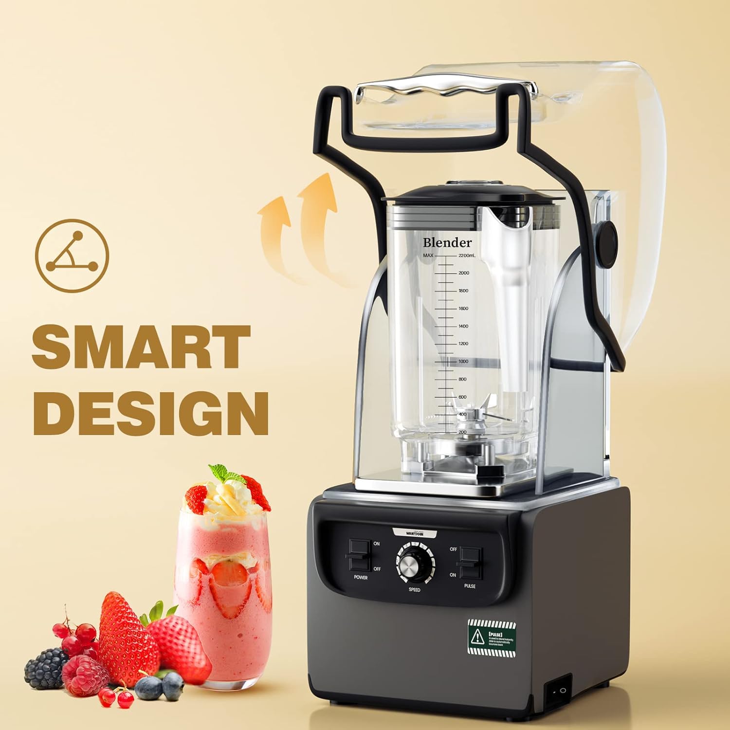 Wantjoin Commercial Quiet Blender for Kitchen, Smoothie Protein Shake Licuadora, Countertop Professional Electric Food Machine for Puree, Milkshake, Juice, Drink and Ice with Silent Cover 2200ml 1800W