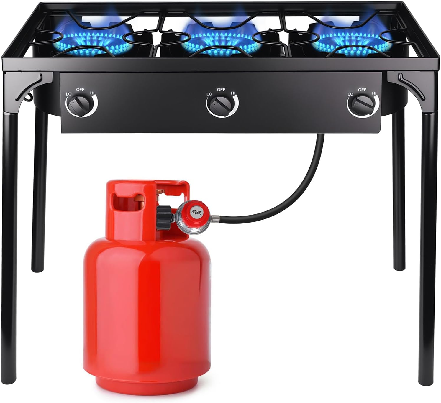 3 Burner Propane Gas Stove, 200,000 BTU Outdoor Camping Cooker with Removable Legs, 0-20 PSI Regulator & Hose, Heavy-Duty Cast Iron Stand for Backyard Cooking, BBQ, Frying & Boiling