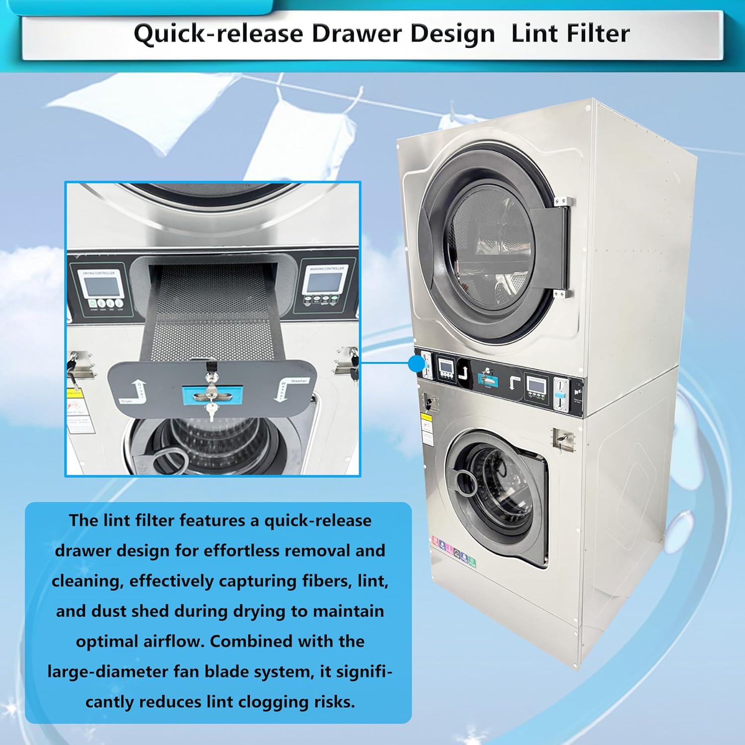 INTSUPERMAI Coin-Op Washer Dryer Combo 26.4lbs Washer Dryer Combo Automatic Laundry Washer Spinner Dryer Machine 304 Stainless Steel Drum, Front-Load & Top Vent for Laundromats/Apartments/Gyms 220V