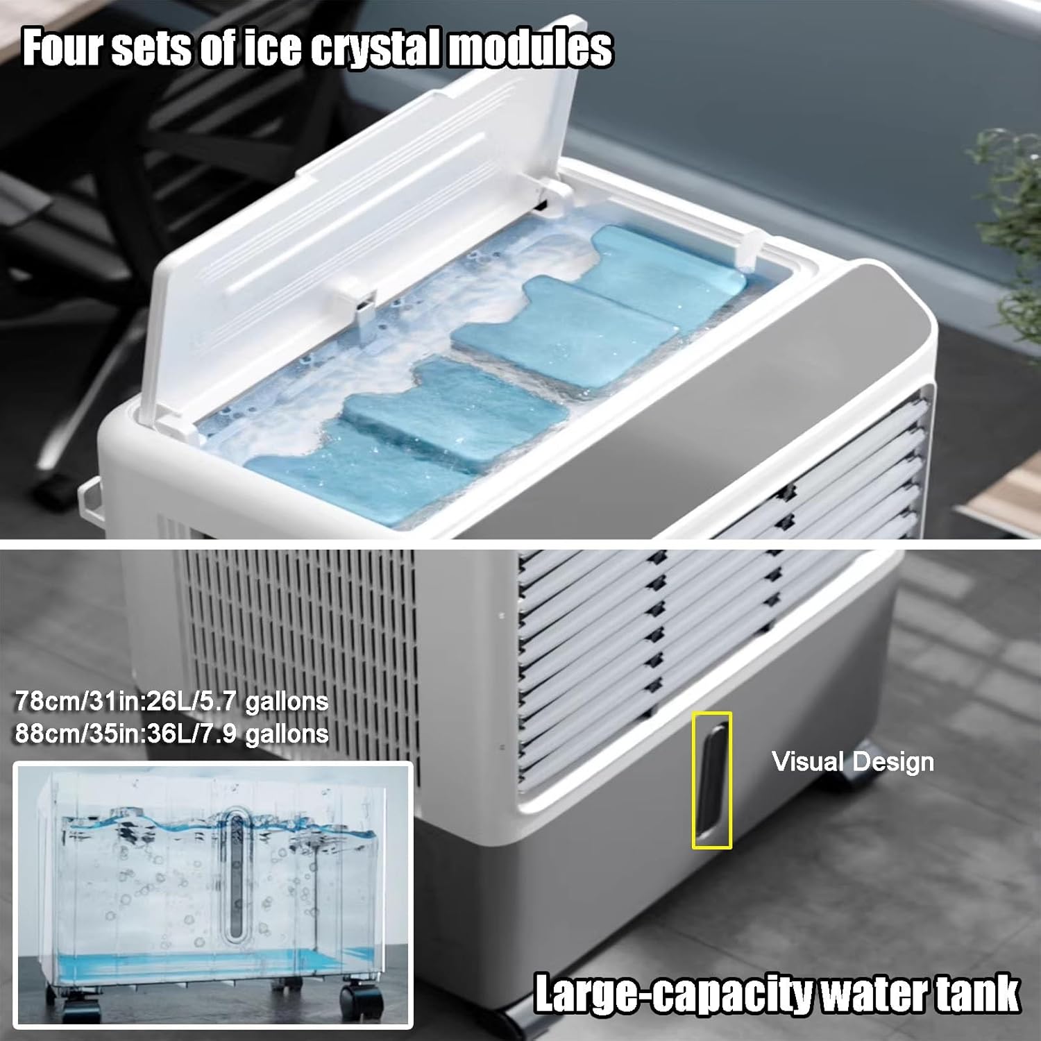 Evaporative Cooler, Knob Type Swamp Cooler, Portable Air Conditioners with 4 Ice Crystals, 3 Speed, 120° Oscillation for Room, Patio, Garage(88cm/35in)