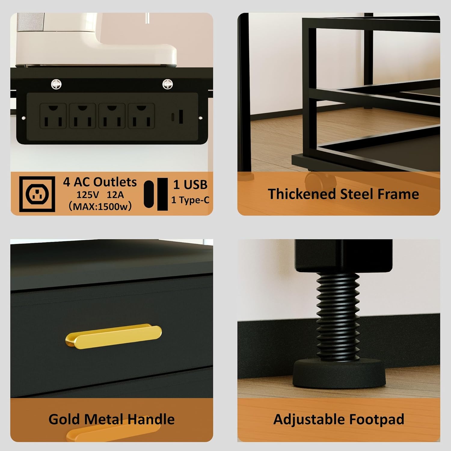 Mini Fridge Stand with Storage, Farmhouse Microwave and Mini Fridge Stand with Power Outlet & Cabinet, Kitchen Bakers Rack with Storage Shelf and Drawers for Home Dorm Office Bar, Black