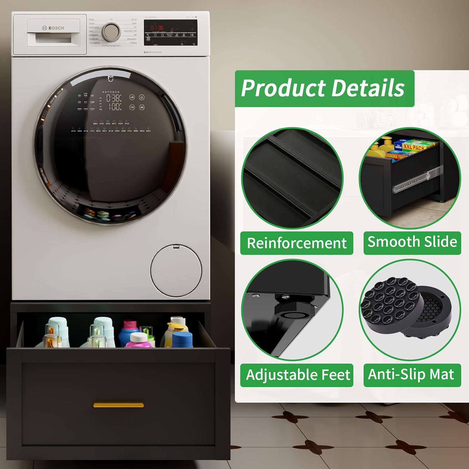 Washer Dryer Pedestals with Drawer, 440LBS Heavy Duty Anti-Vibration Washing Machine Stand, Multi-Functional Metal Freestanding Washer and Dryer Pedestals, Universal Laundry Pedestal (BLACK)