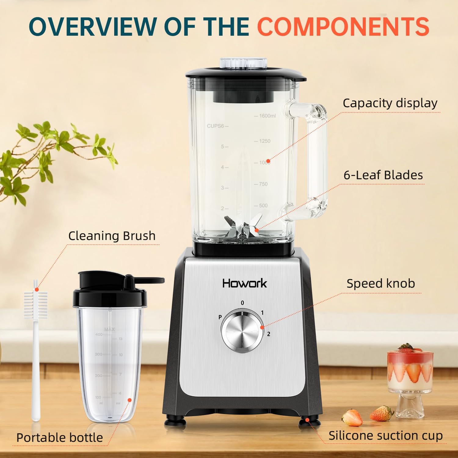 HOWORK Blender for Smoothies, 750W Personal Blender, 56 Oz Glass Jar, 16oz Portable Cups,2+P speed, 3 Functions for Smoothies, Frozen Drinks & Ice Cream,Grey