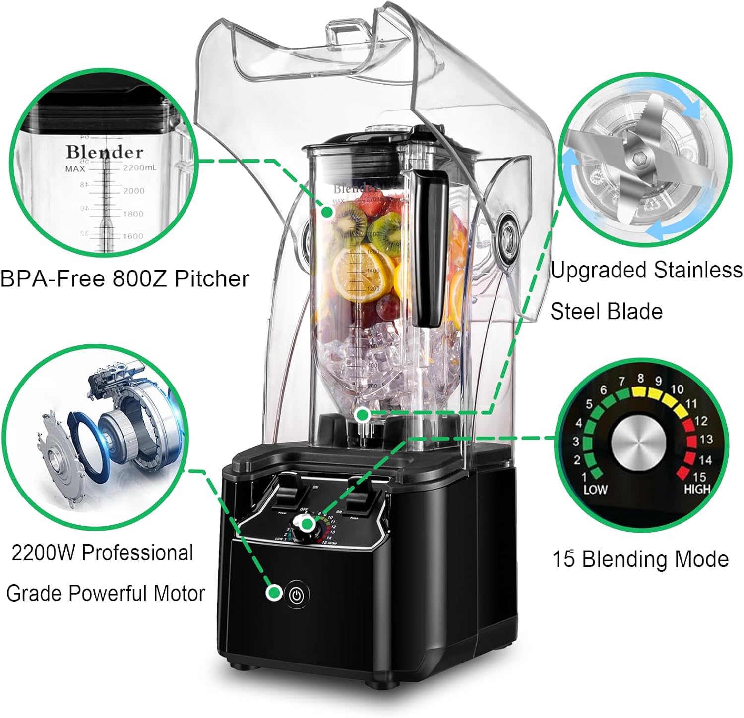 Commercial Blender for Smoothies 2200W, 80 Oz, 15 Speeds, 6-leaf Stainless Steel Blade, Heavy-Duty Commercial Blender for Restaurant, Smoothies, Ice Crush, Shakes, Self-Cleaning, Black